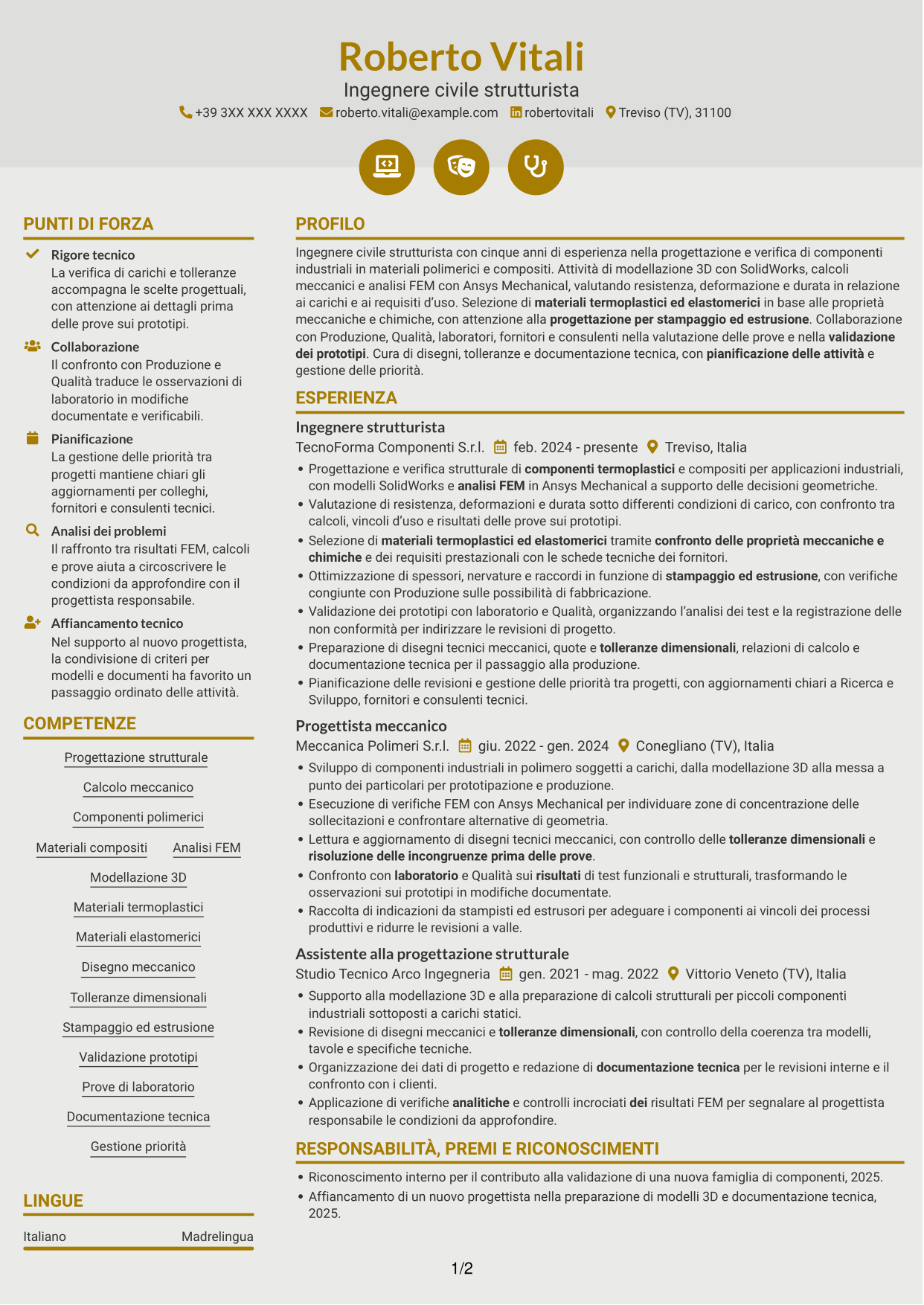 CV Dinamico (formato a due colonne con icone): Ingegnere civile strutturista - Componenti in polimeri e compositi, pagina 1