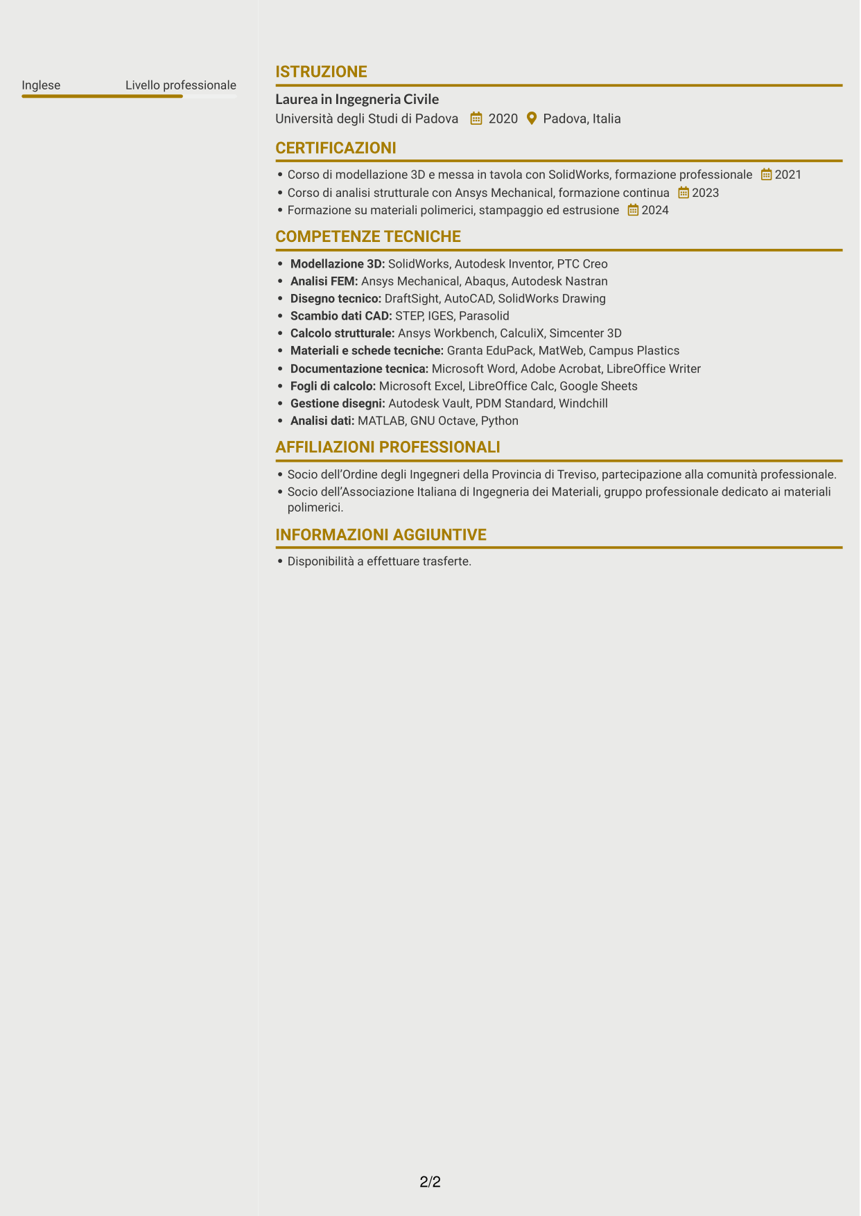 CV Dinamico (formato a due colonne con icone): Ingegnere civile strutturista - Componenti in polimeri e compositi, pagina 2
