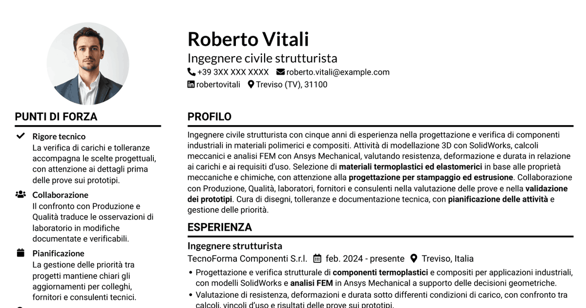 7 modelli di CV per Ingegnere civile strutturista - Componenti in polimeri e compositi, con esempi