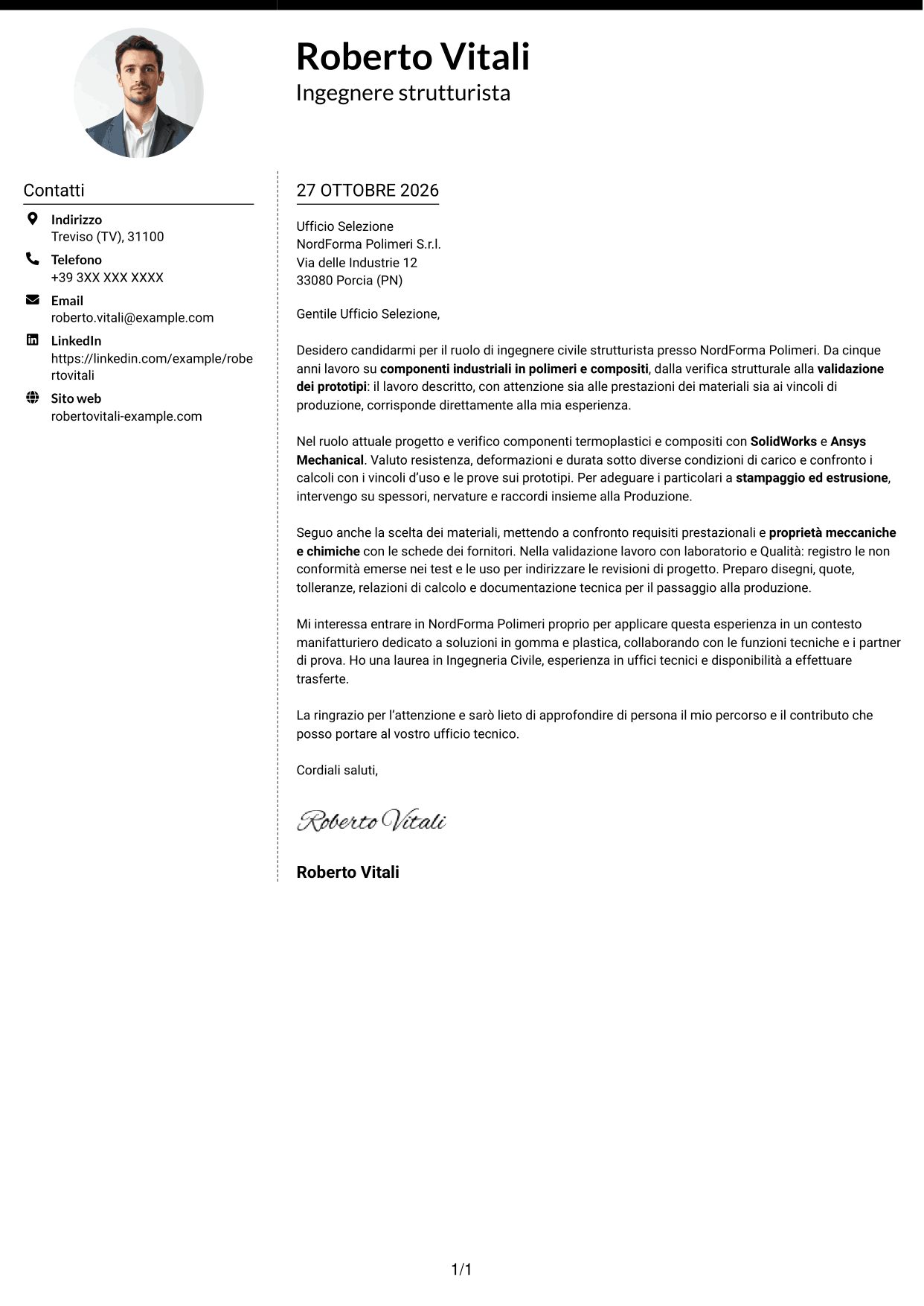 Lettera di presentazione Moderno (formato a due colonne con foto a sinistra e separatore): Ingegnere civile strutturista - Componenti in polimeri e compositi, pagina 1