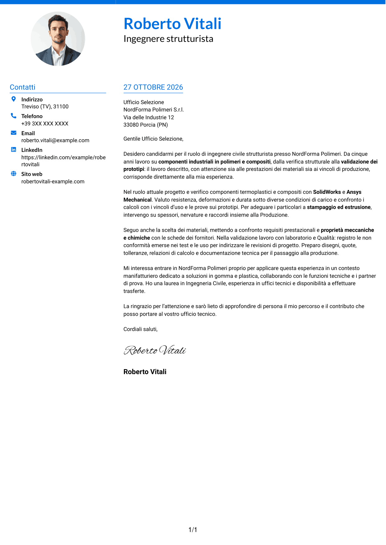 Lettera di presentazione Audace (formato a due colonne con accenti colorati e foto): Ingegnere civile strutturista - Componenti in polimeri e compositi, pagina 1