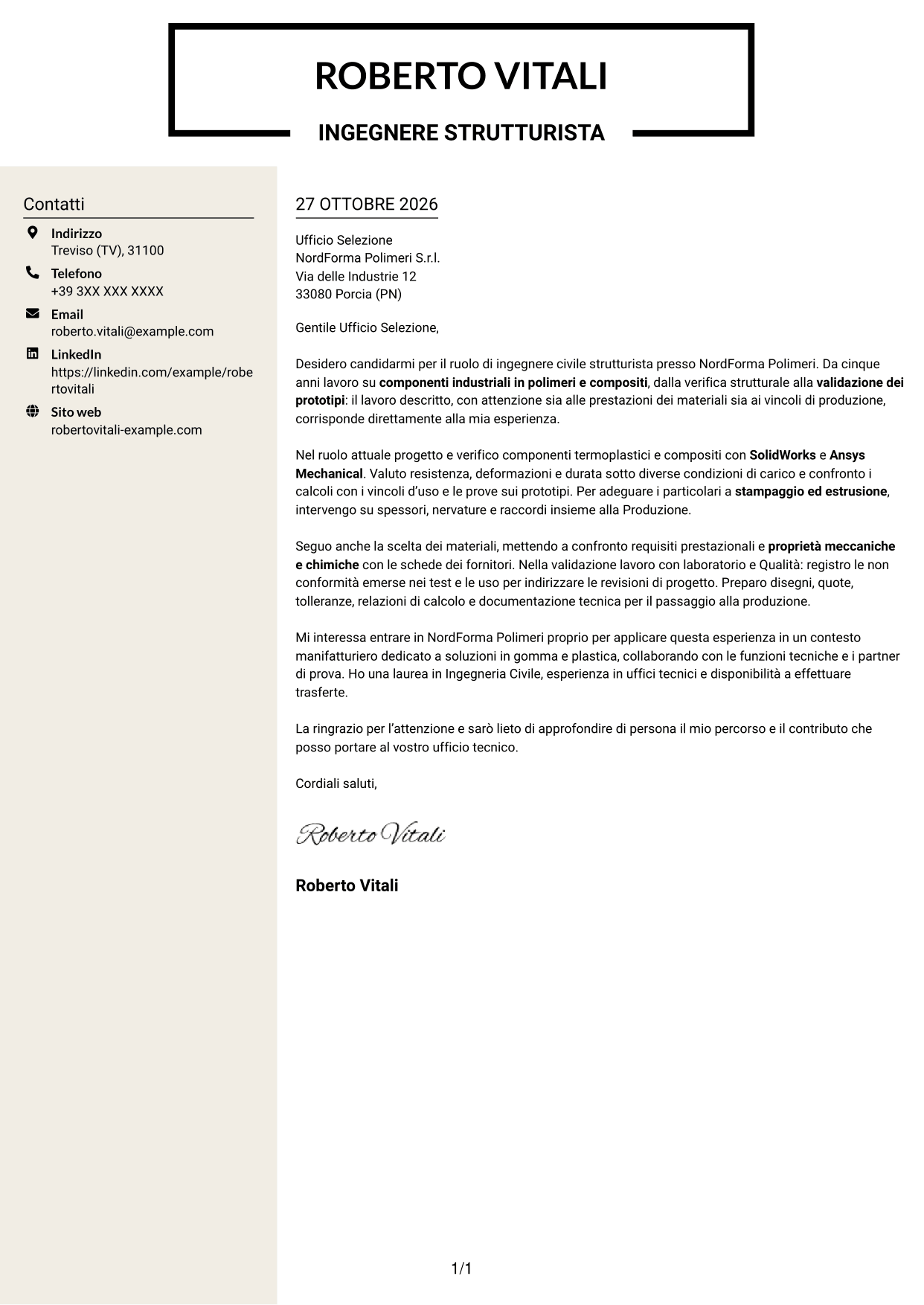 Lettera di presentazione Intraprendente (formato a due colonne con intestazione centrata senza foto): Ingegnere civile strutturista - Componenti in polimeri e compositi, pagina 1