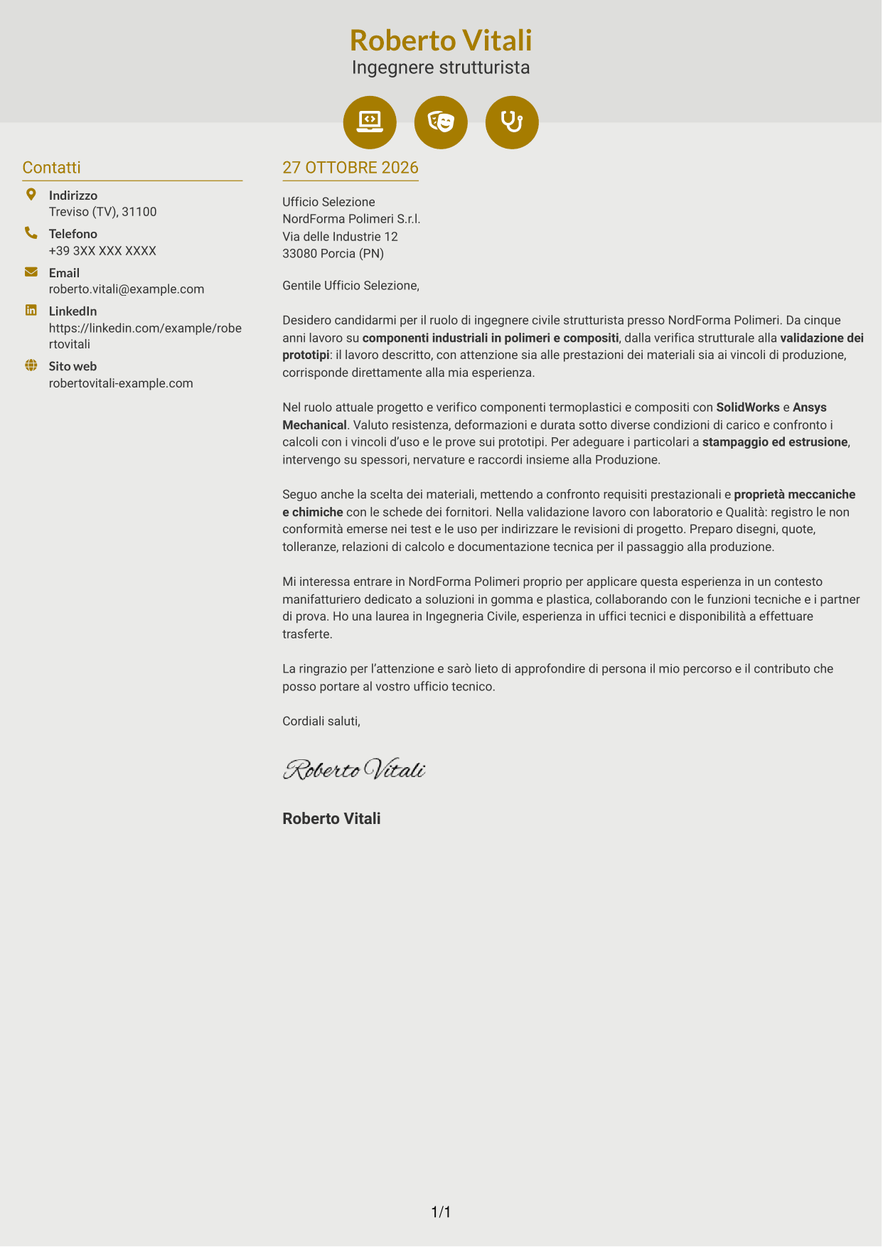Lettera di presentazione Dinamico (formato a due colonne con icone): Ingegnere civile strutturista - Componenti in polimeri e compositi, pagina 1