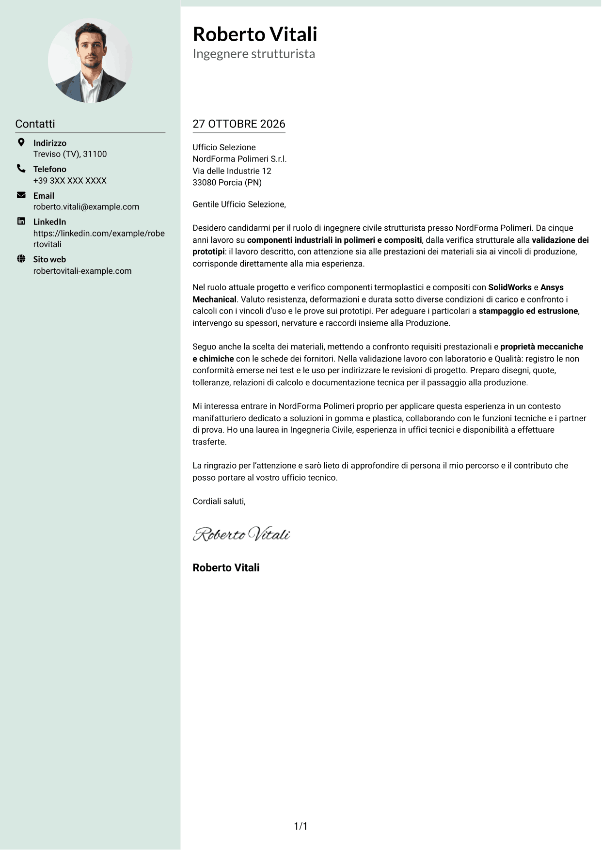 Lettera di presentazione Dirigente (formato con colonna laterale tenue e foto arrotondata): Ingegnere civile strutturista - Componenti in polimeri e compositi, pagina 1