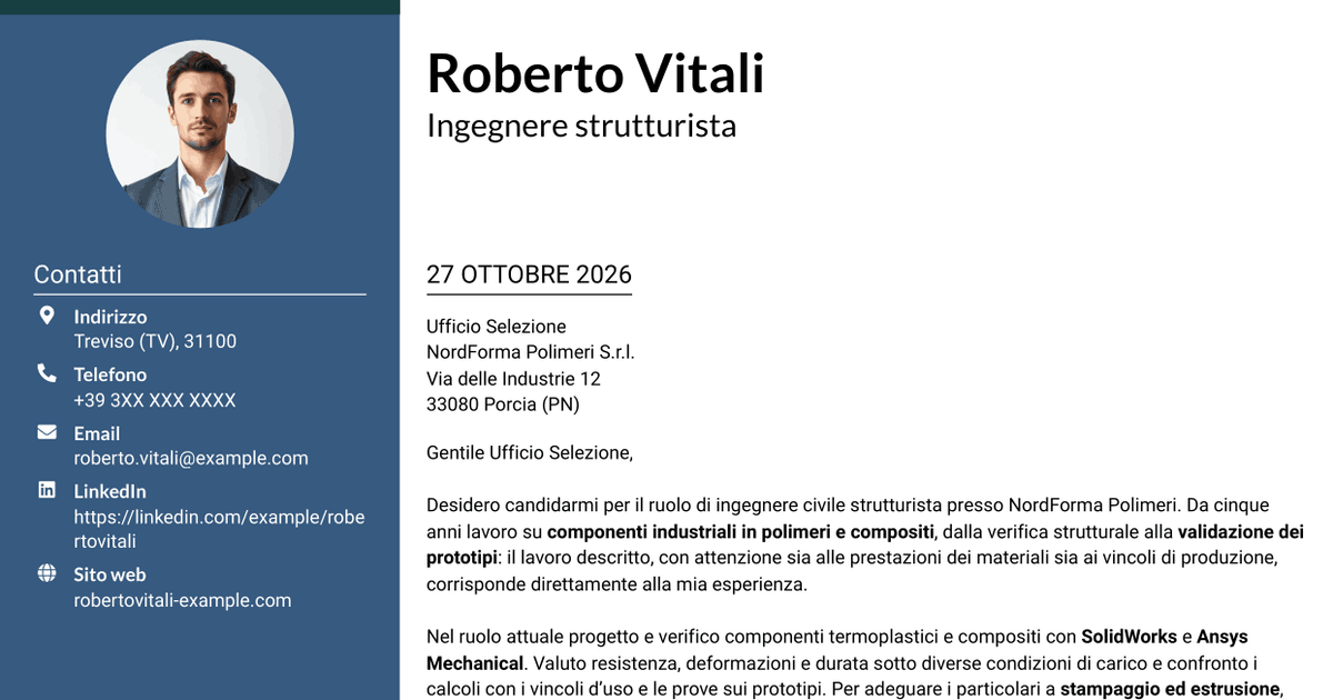 7 modelli di lettera di presentazione per Ingegnere civile strutturista - Componenti in polimeri e compositi, con esempi