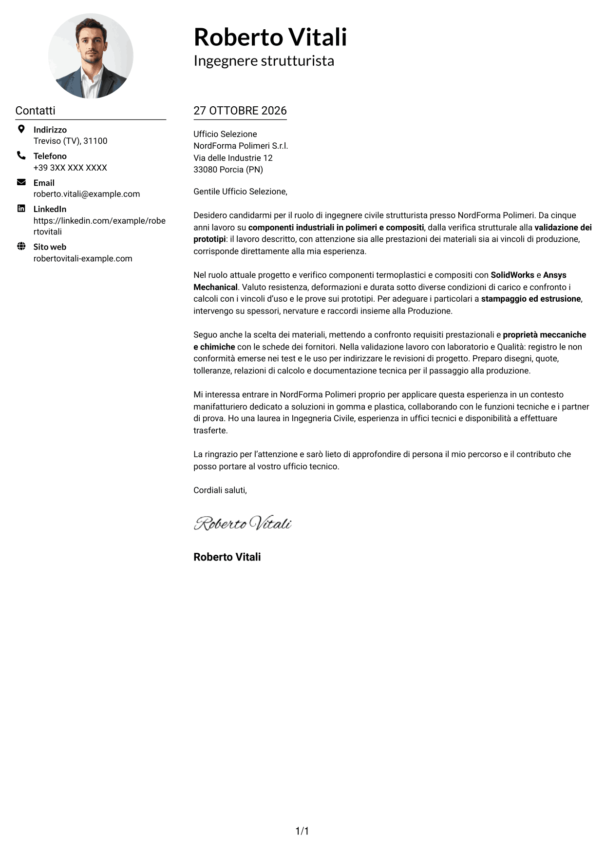 Esempio di lettera di presentazione — pagina 1
