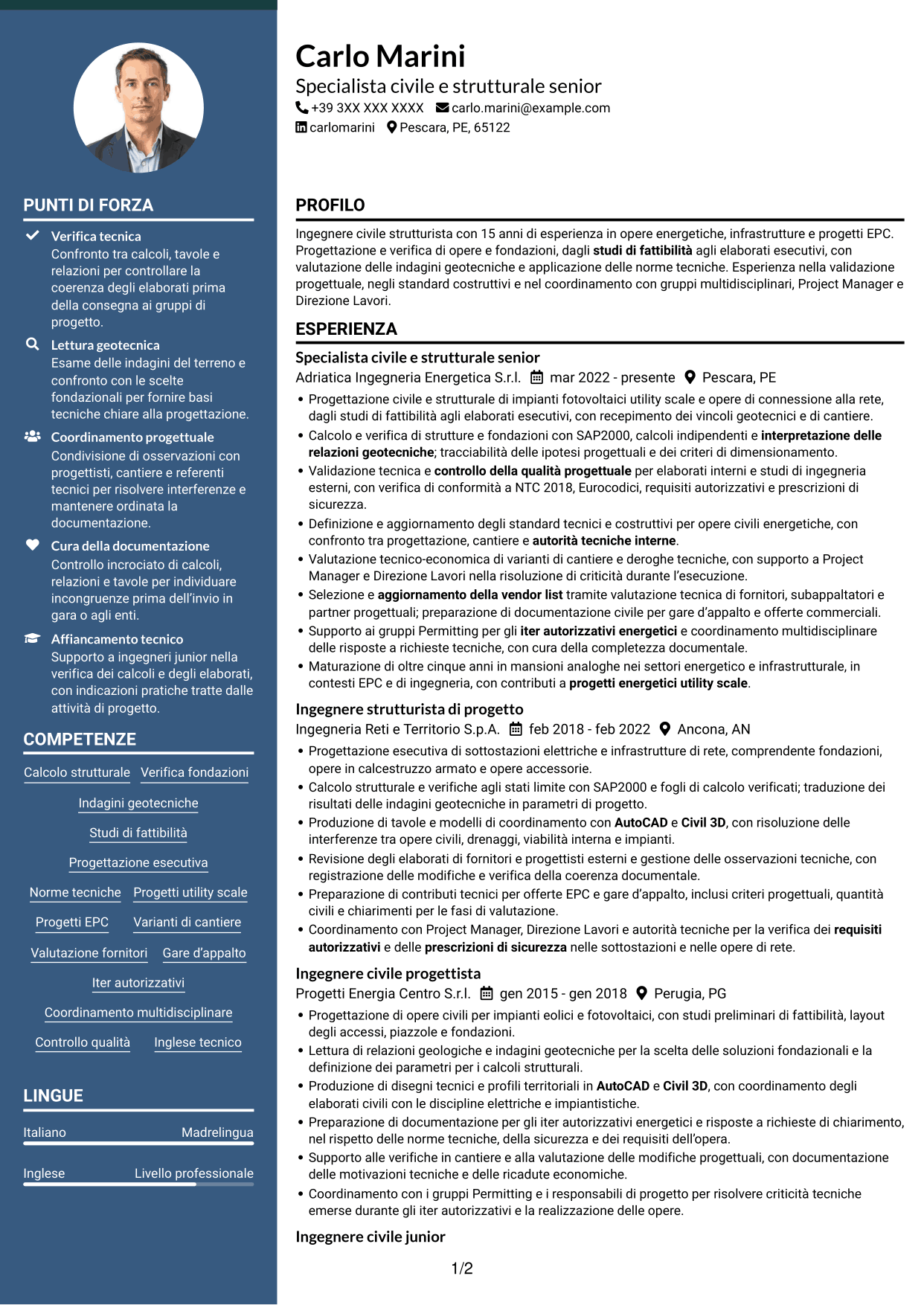 CV Elegante (formato con colonna laterale colorata e foto): Ingegnere civile strutturista - Energy, pagina 1