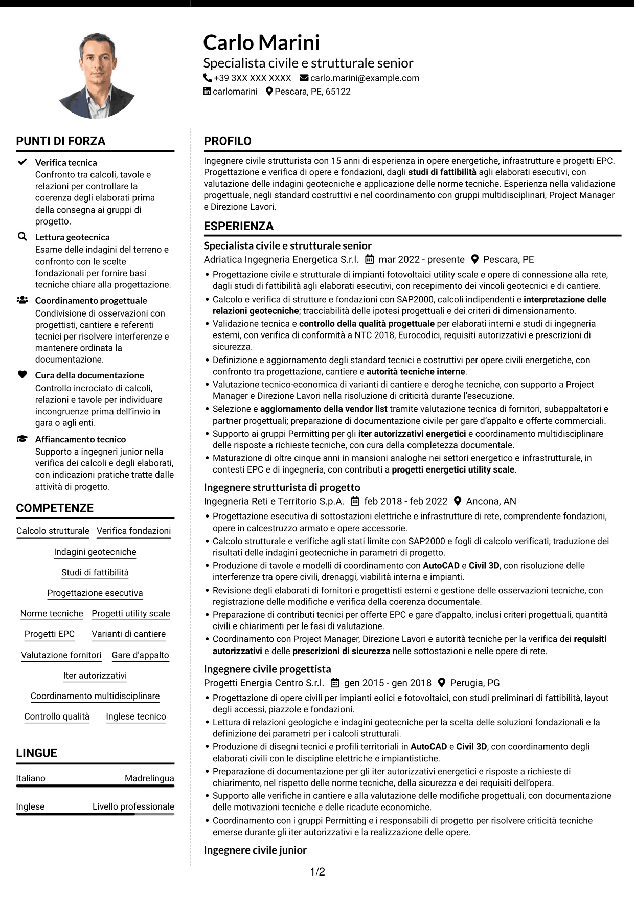 CV Moderno (formato a due colonne con foto a sinistra e separatore): Ingegnere civile strutturista - Energy, pagina 1