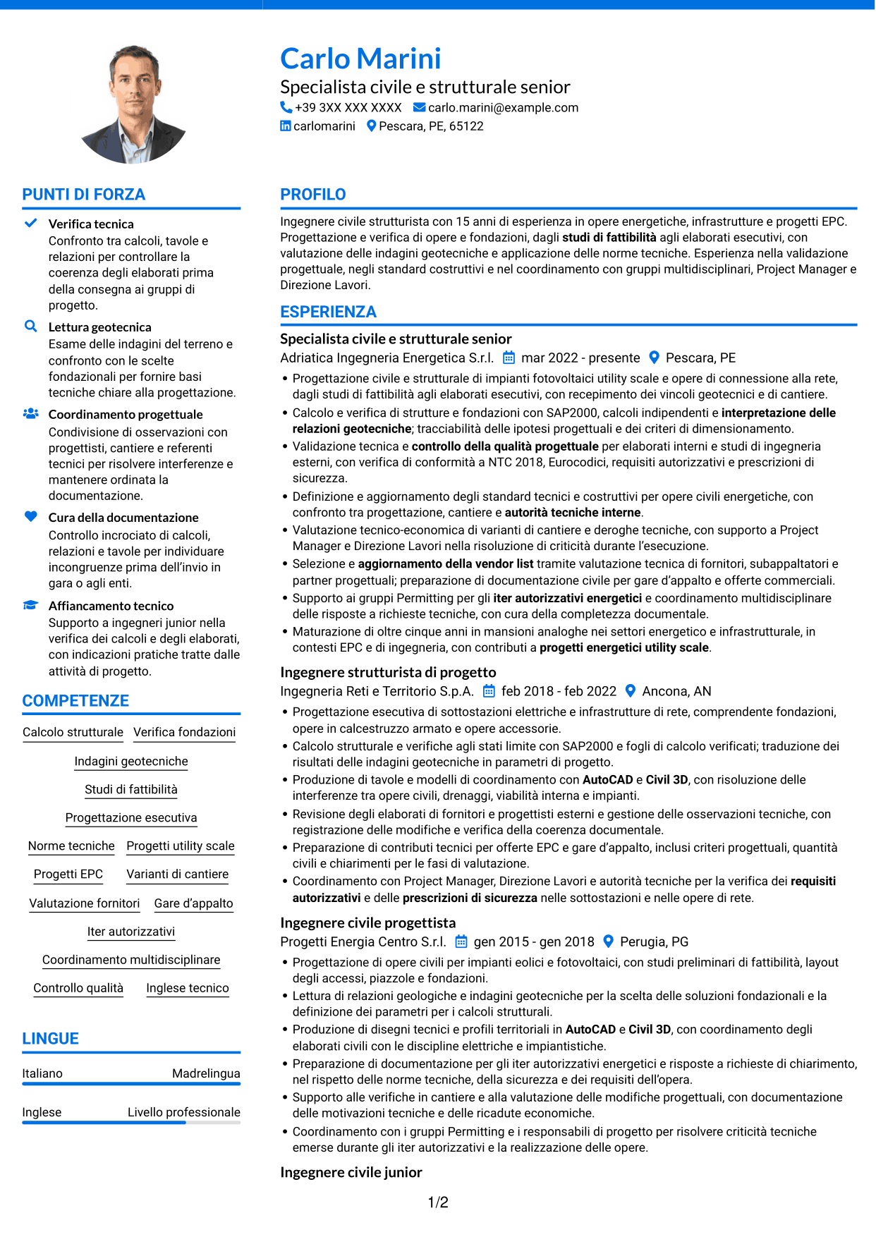 CV Audace (formato a due colonne con accenti colorati e foto): Ingegnere civile strutturista - Energy, pagina 1