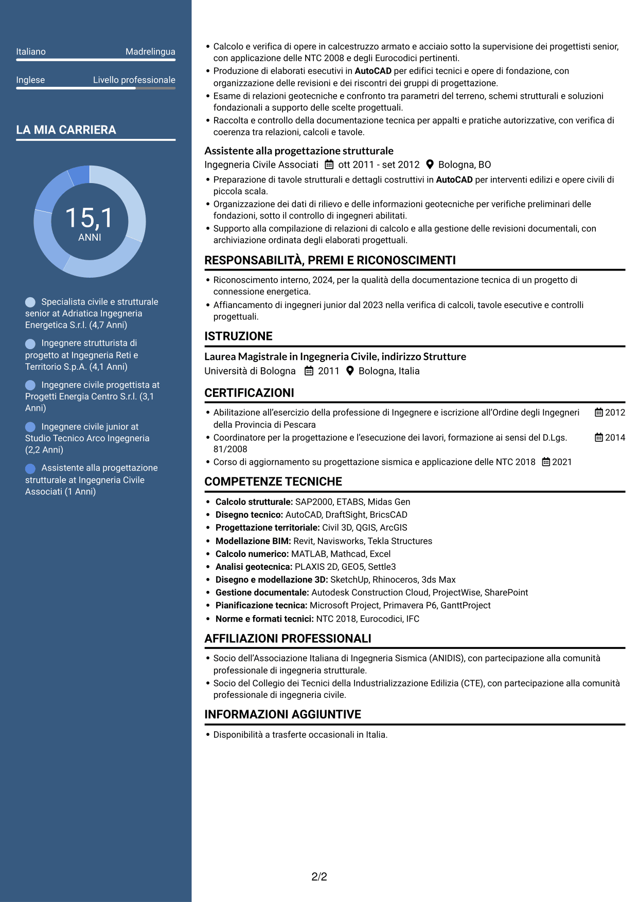 CV Signature (formato con colonna laterale colorata e foto grande): Ingegnere civile strutturista - Energy, pagina 2
