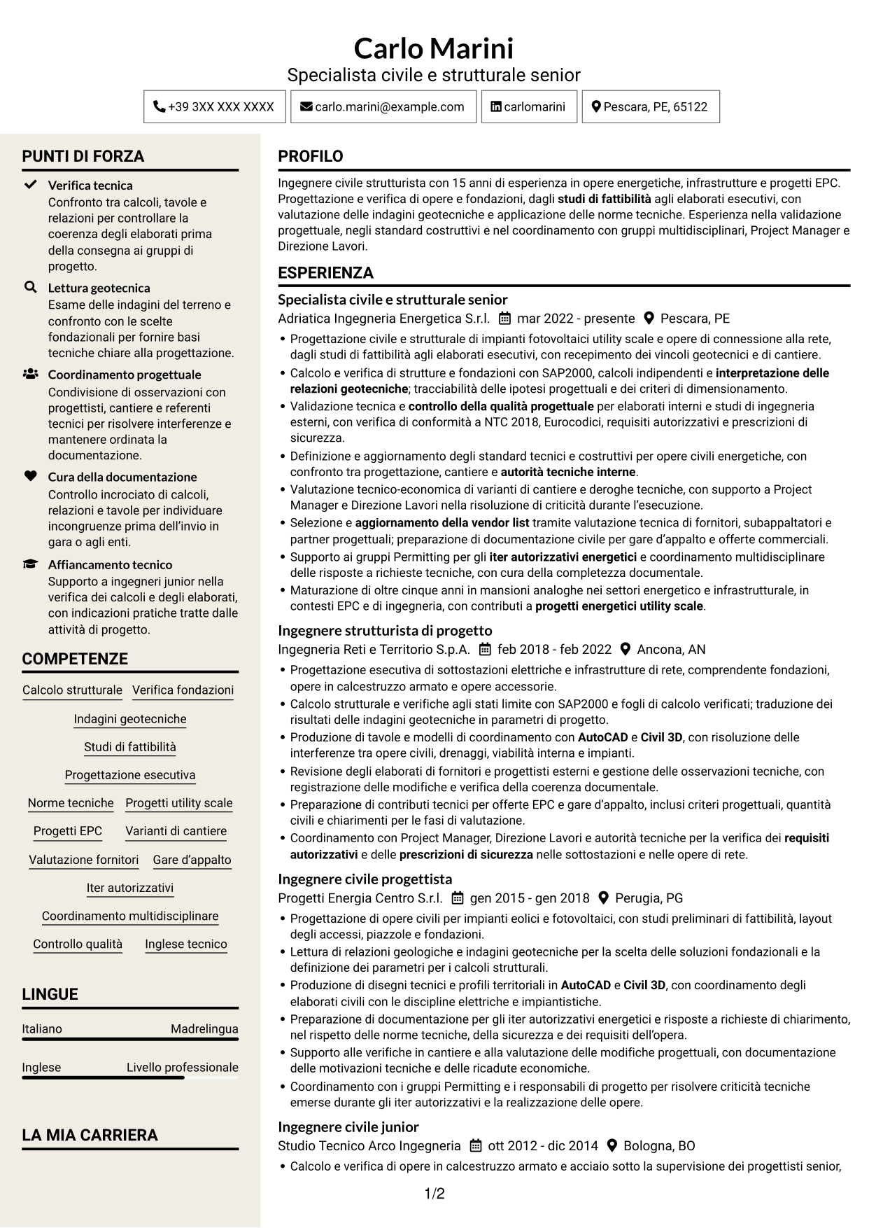 CV Intraprendente (formato a due colonne con intestazione centrata senza foto): Ingegnere civile strutturista - Energy, pagina 1