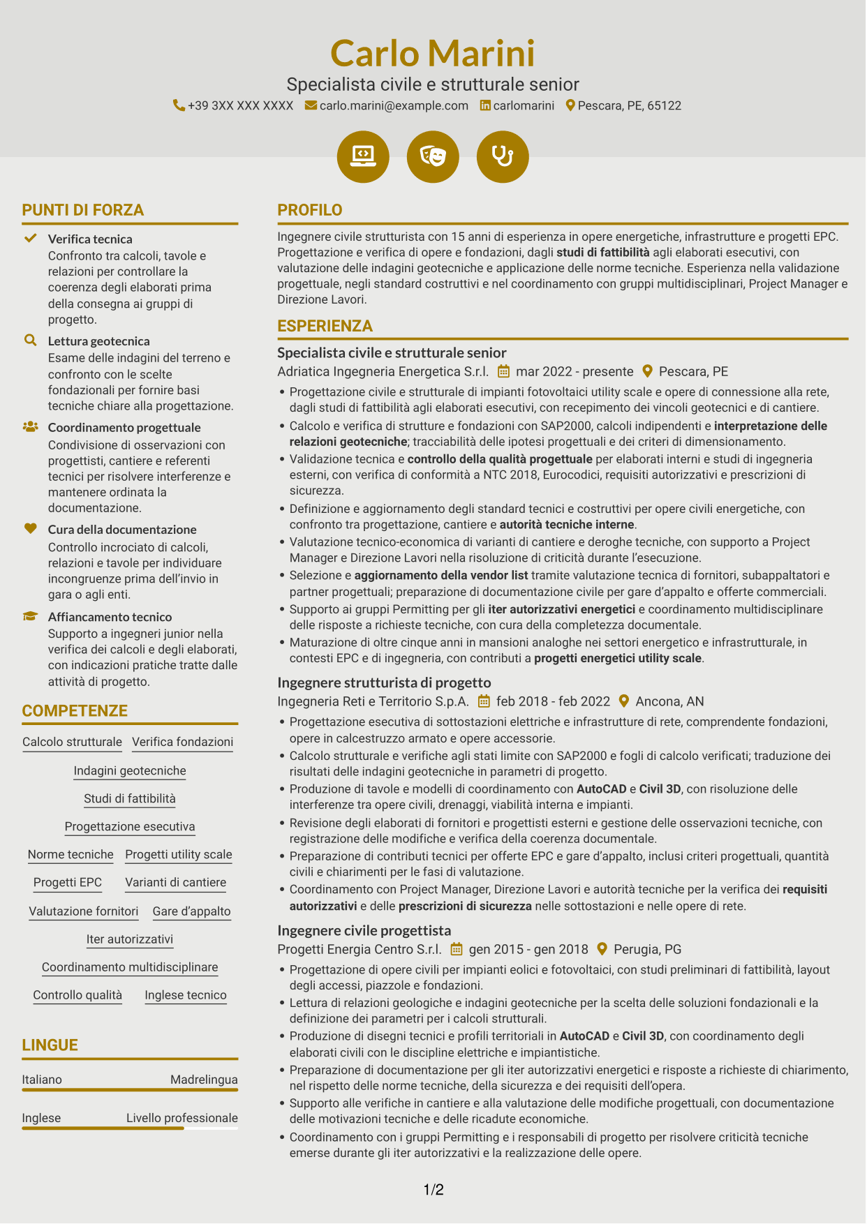 CV Dinamico (formato a due colonne con icone): Ingegnere civile strutturista - Energy, pagina 1