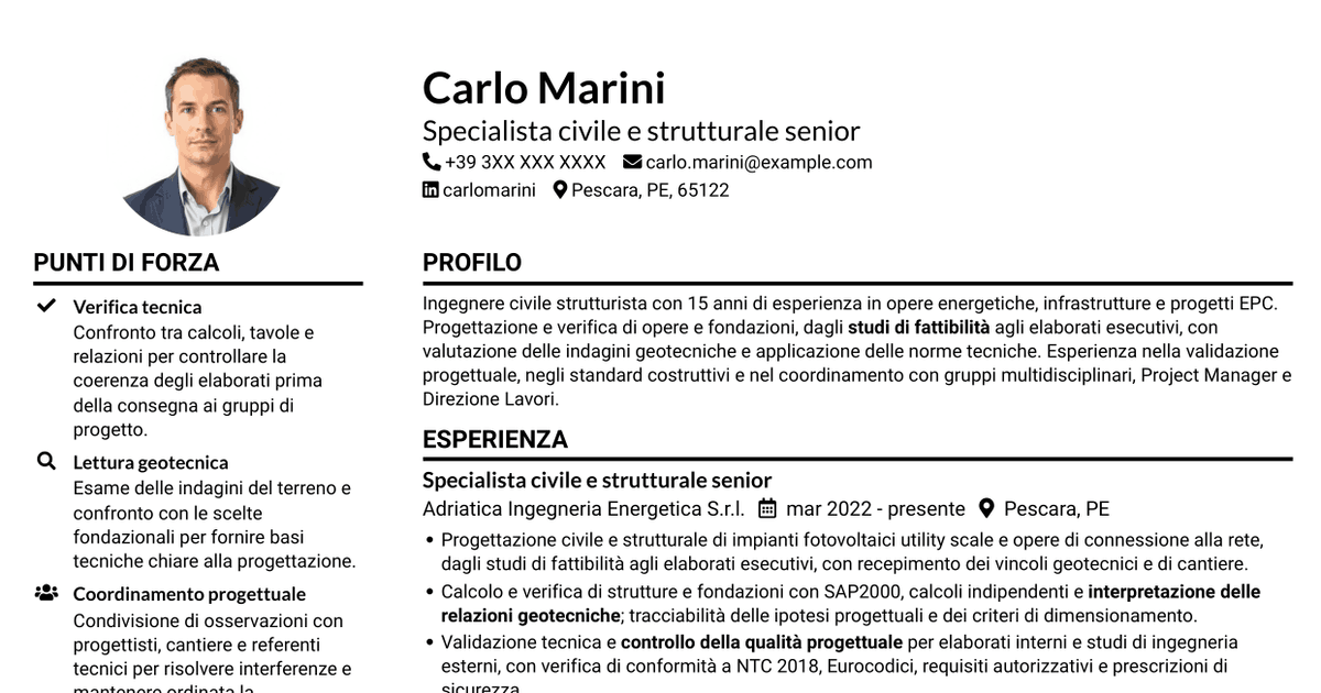 7 modelli di CV per Ingegnere civile strutturista - Energy, con esempi