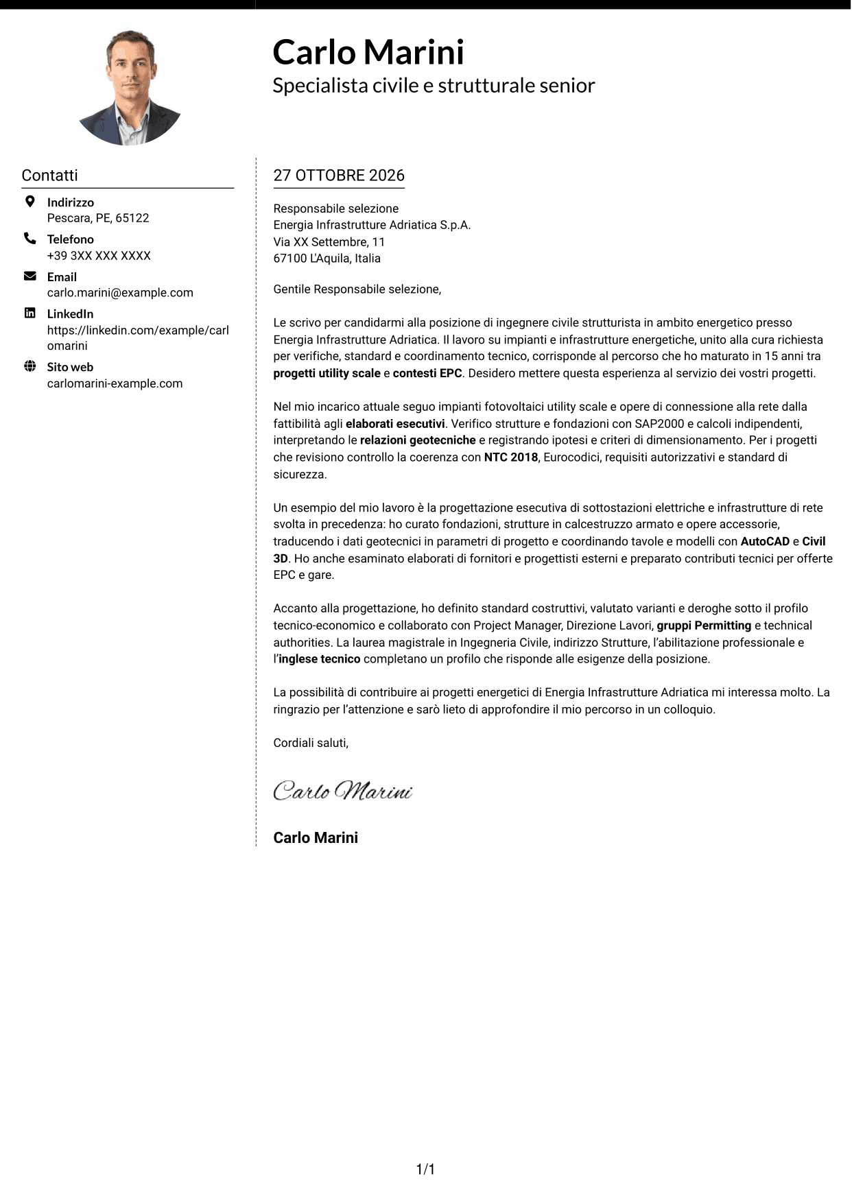 Lettera di presentazione Moderno (formato a due colonne con foto a sinistra e separatore): Ingegnere civile strutturista - Energy, pagina 1