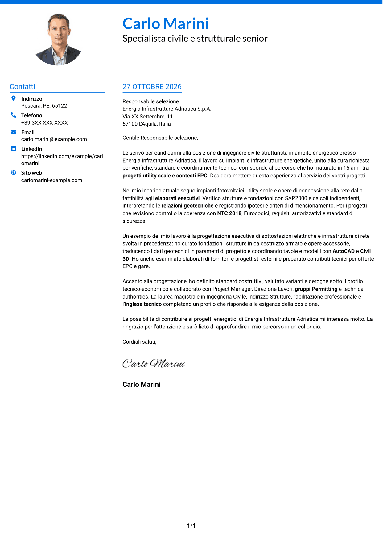Lettera di presentazione Audace (formato a due colonne con accenti colorati e foto): Ingegnere civile strutturista - Energy, pagina 1
