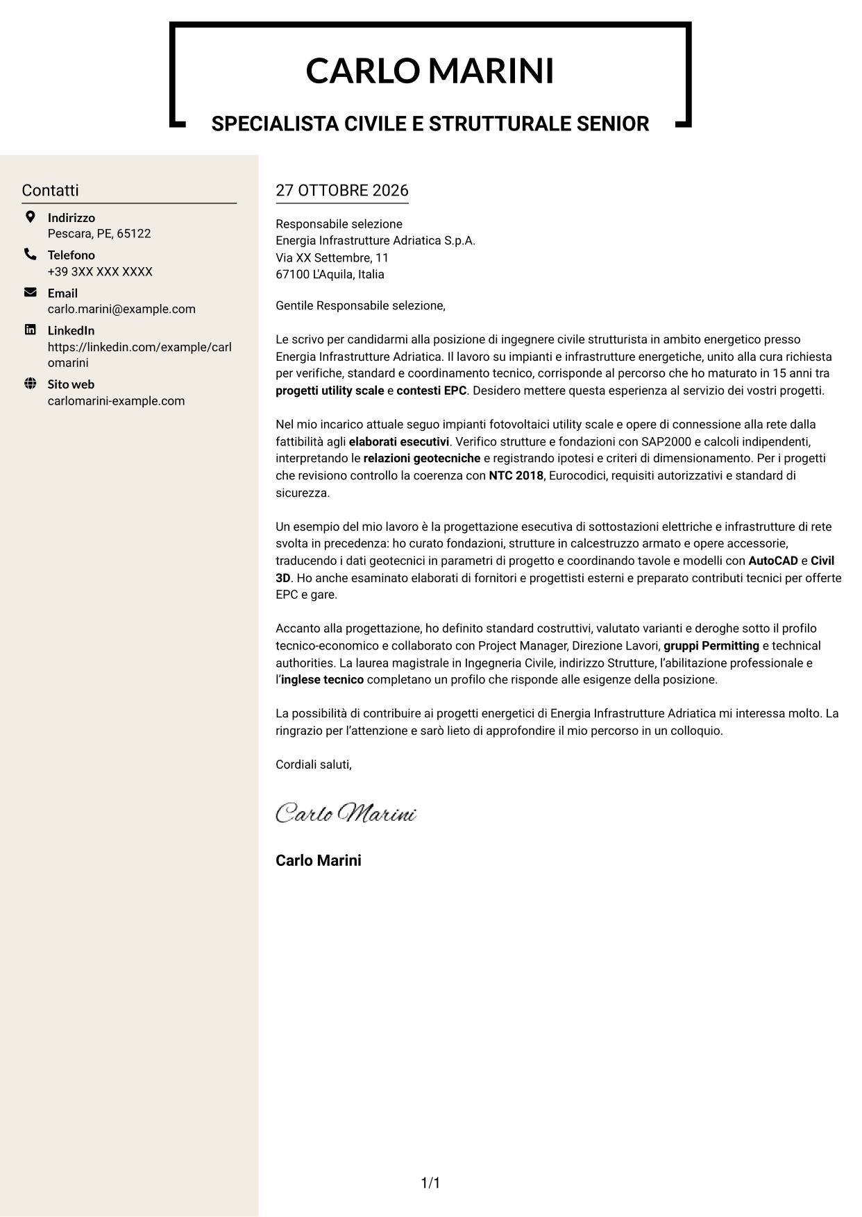Lettera di presentazione Intraprendente (formato a due colonne con intestazione centrata senza foto): Ingegnere civile strutturista - Energy, pagina 1