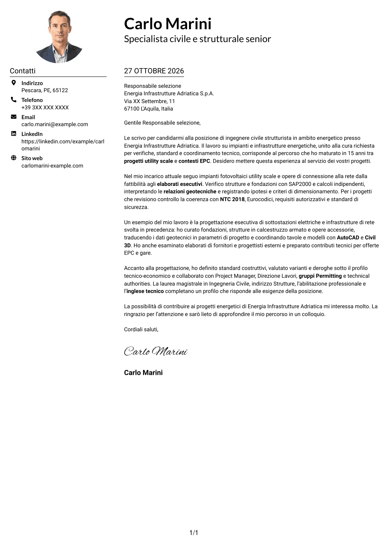 Esempio di lettera di presentazione — pagina 1