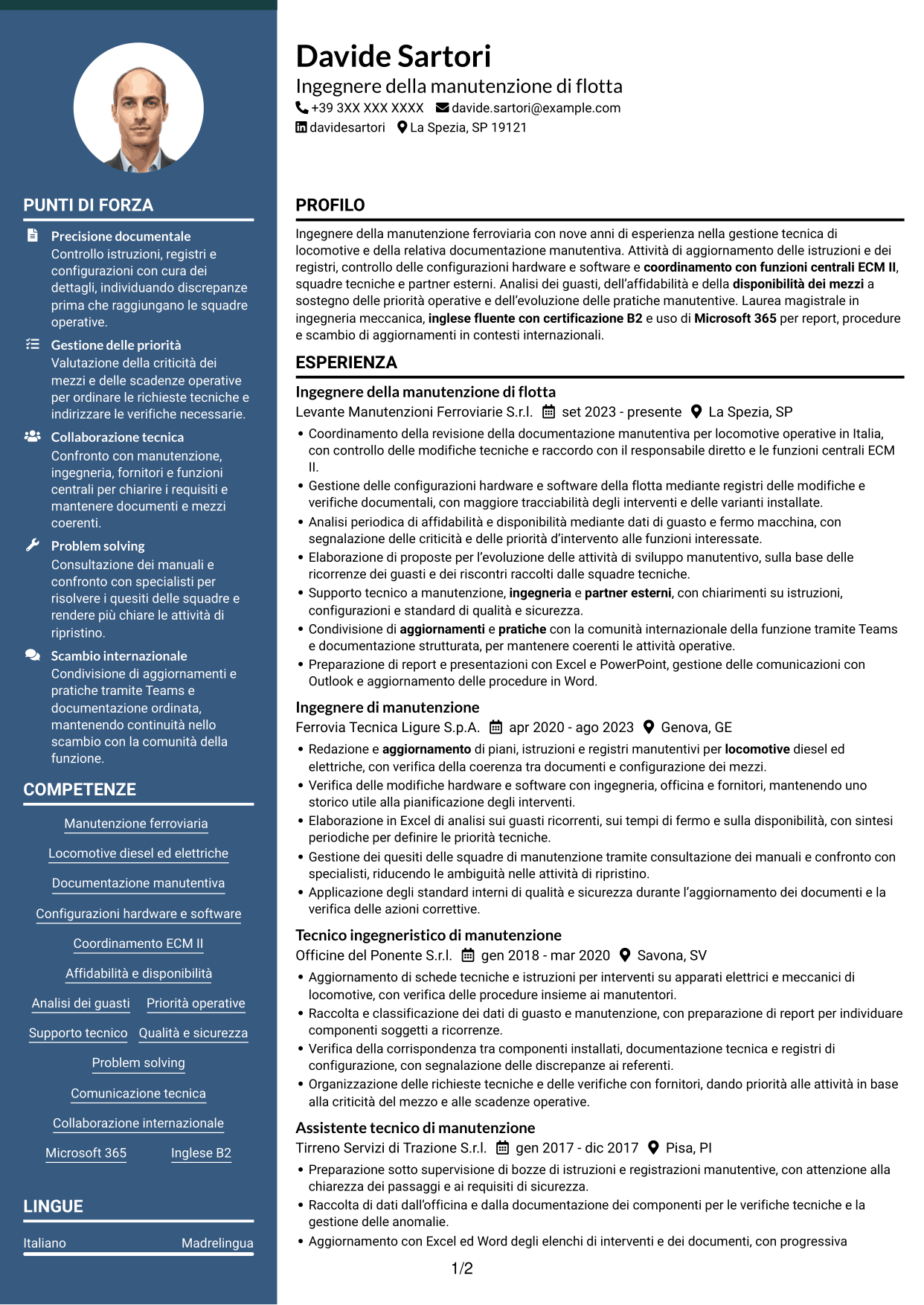 CV Elegante (formato con colonna laterale colorata e foto): Ingegnere della manutenzione - Flotta ferroviaria, pagina 1