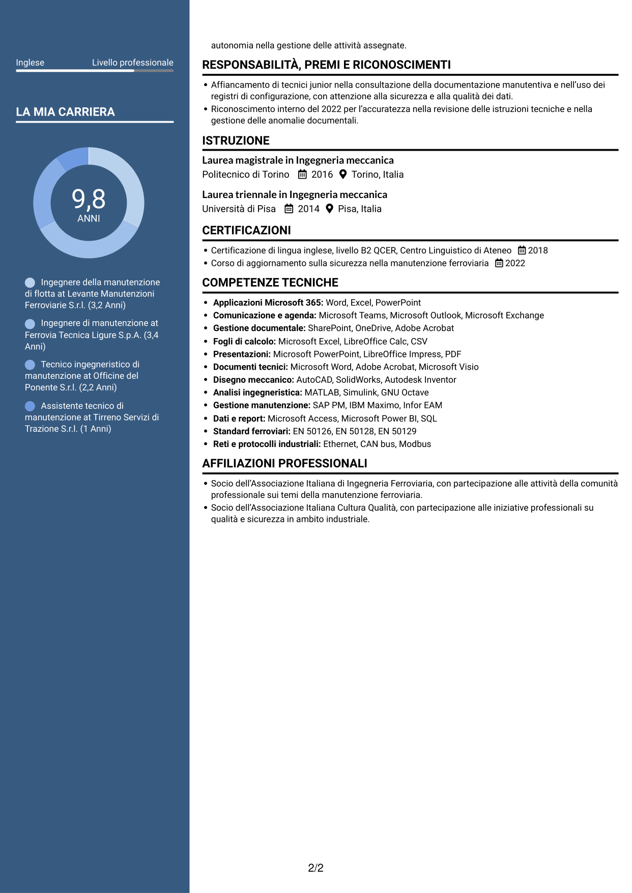 CV Elegante (formato con colonna laterale colorata e foto): Ingegnere della manutenzione - Flotta ferroviaria, pagina 2