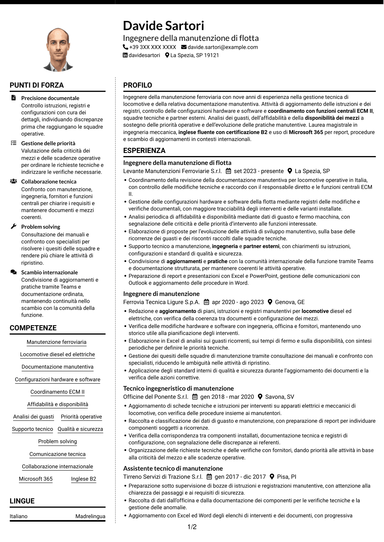 CV Moderno (formato a due colonne con foto a sinistra e separatore): Ingegnere della manutenzione - Flotta ferroviaria, pagina 1