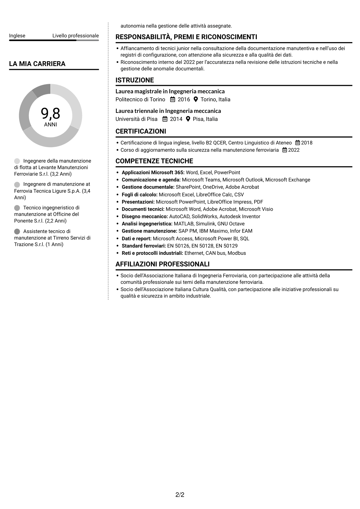 CV Moderno (formato a due colonne con foto a sinistra e separatore): Ingegnere della manutenzione - Flotta ferroviaria, pagina 2