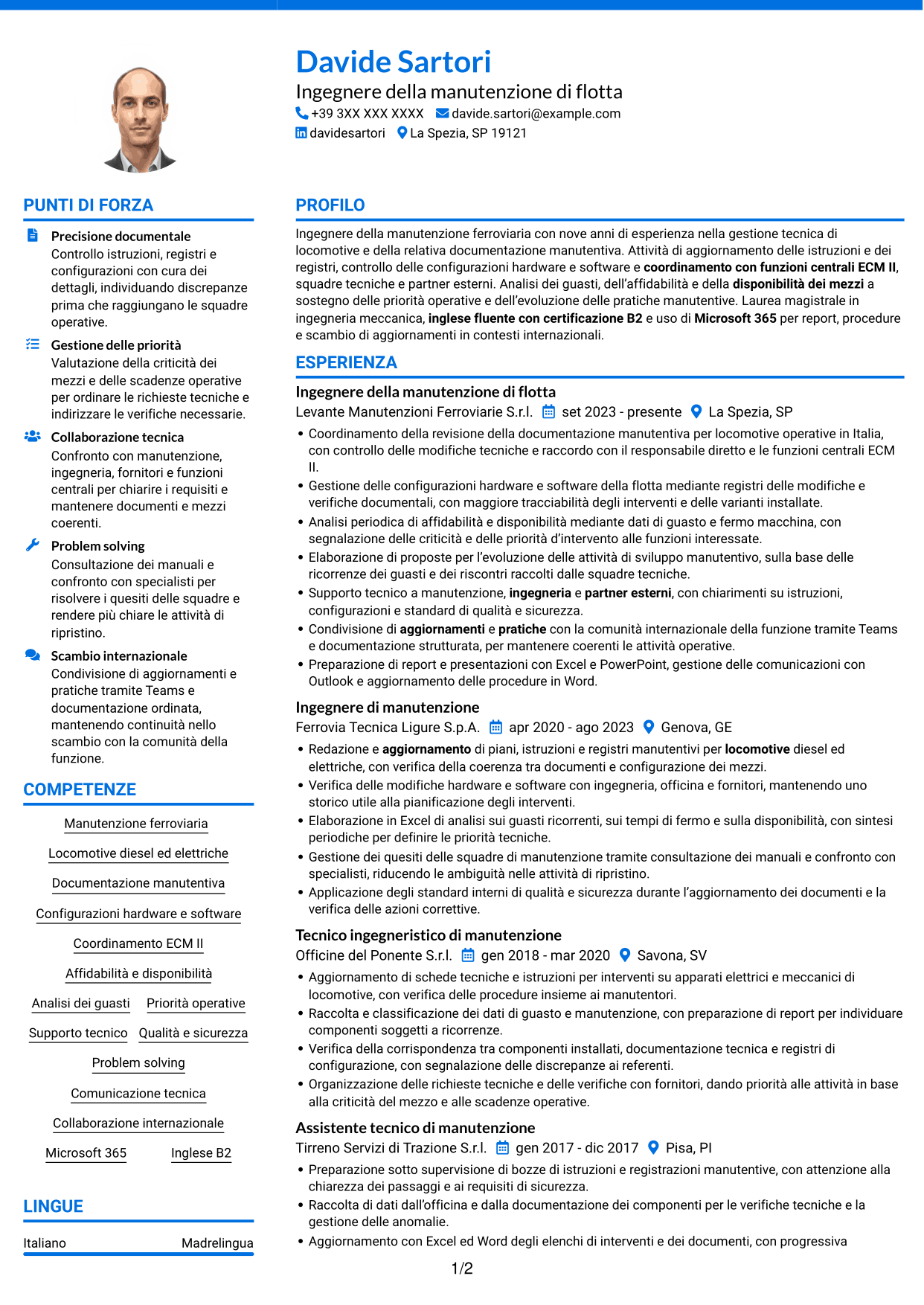 CV Audace (formato a due colonne con accenti colorati e foto): Ingegnere della manutenzione - Flotta ferroviaria, pagina 1