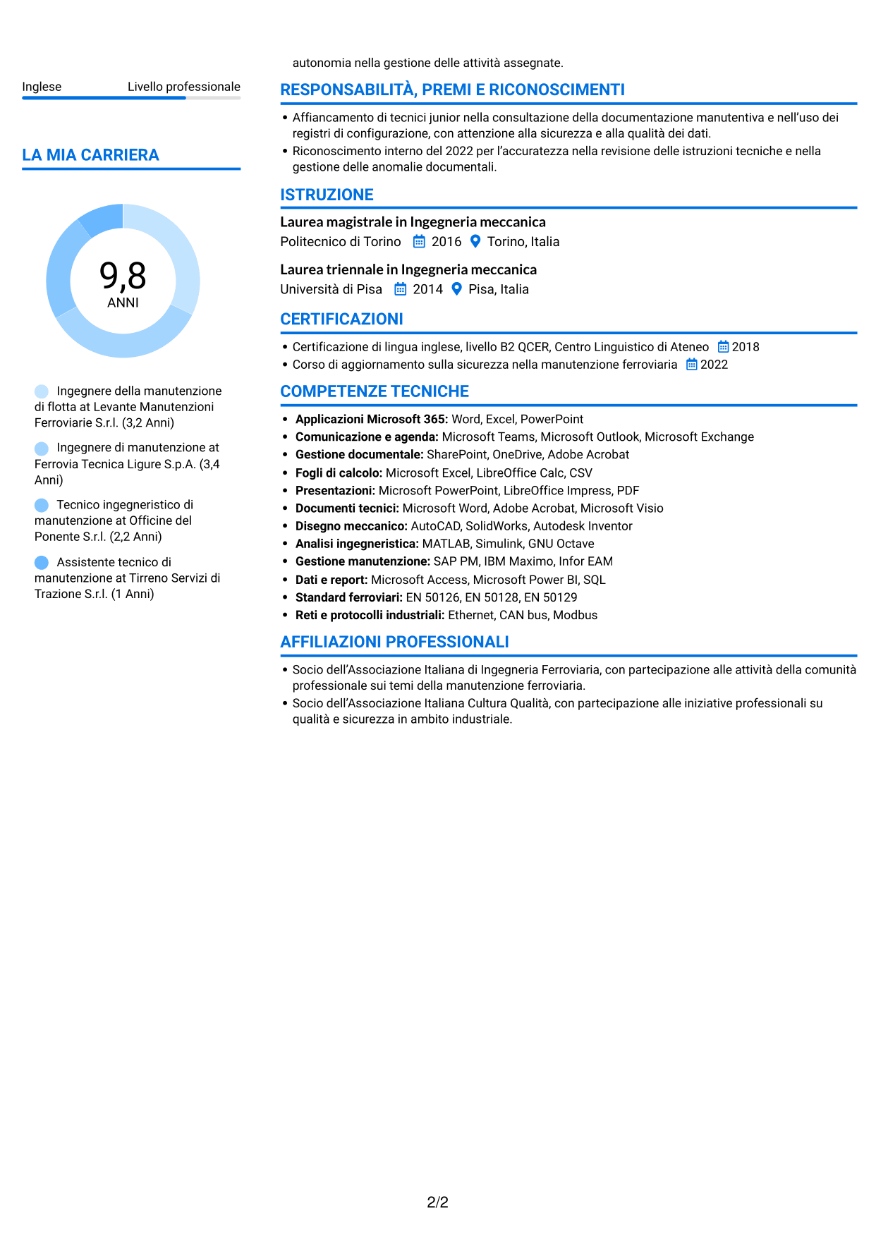 CV Audace (formato a due colonne con accenti colorati e foto): Ingegnere della manutenzione - Flotta ferroviaria, pagina 2