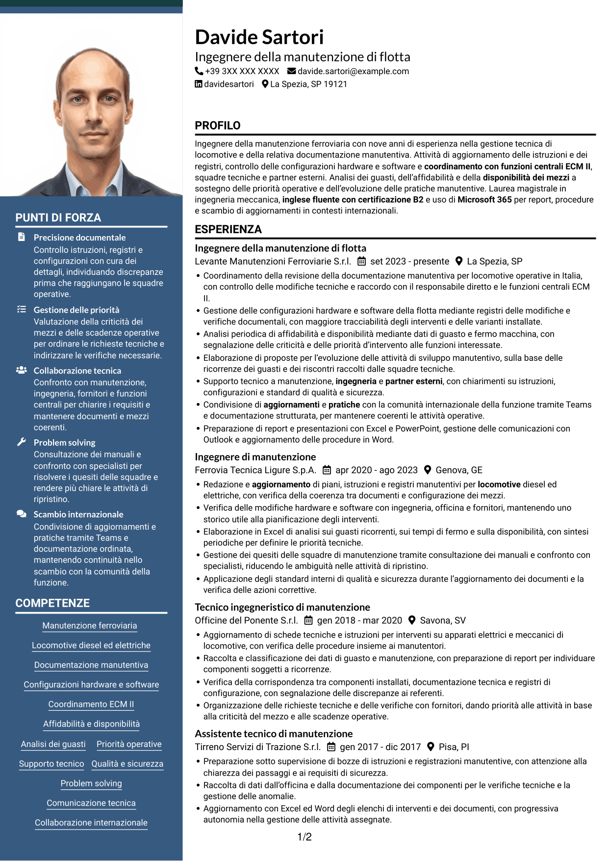 CV Signature (formato con colonna laterale colorata e foto grande): Ingegnere della manutenzione - Flotta ferroviaria, pagina 1