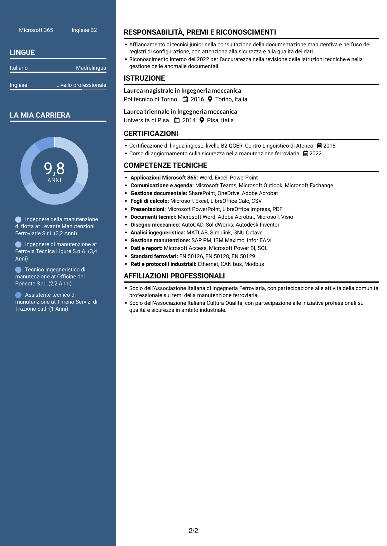 CV Signature (formato con colonna laterale colorata e foto grande): Ingegnere della manutenzione - Flotta ferroviaria, pagina 2