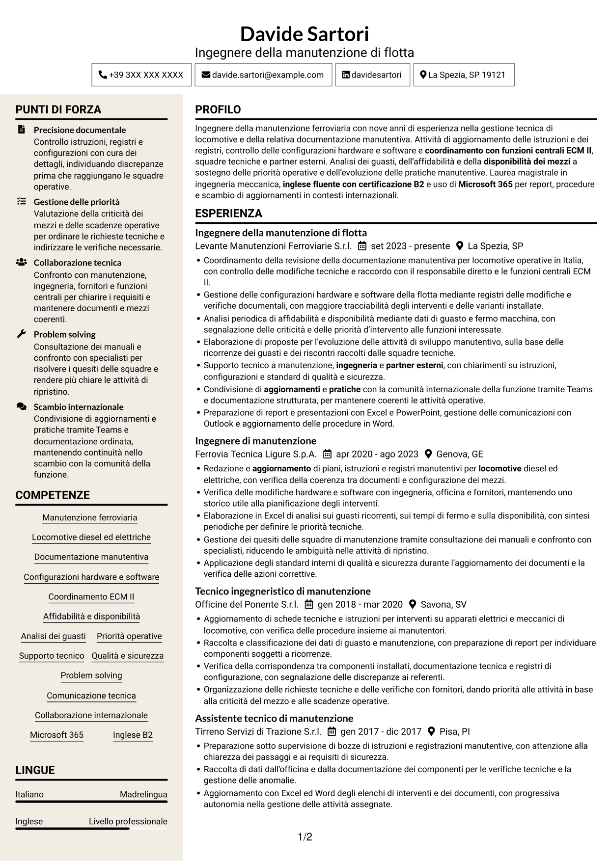 CV Intraprendente (formato a due colonne con intestazione centrata senza foto): Ingegnere della manutenzione - Flotta ferroviaria, pagina 1
