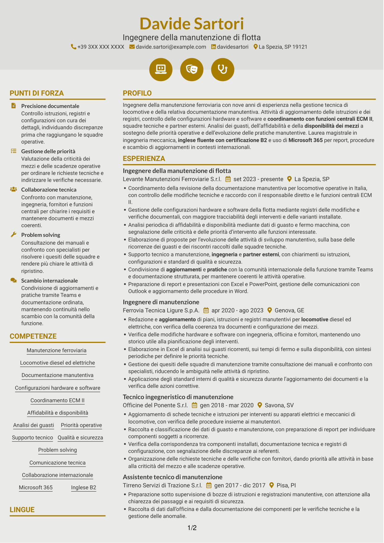 CV Dinamico (formato a due colonne con icone): Ingegnere della manutenzione - Flotta ferroviaria, pagina 1