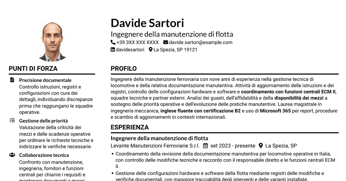 7 modelli di CV per Ingegnere della manutenzione - Flotta ferroviaria, con esempi