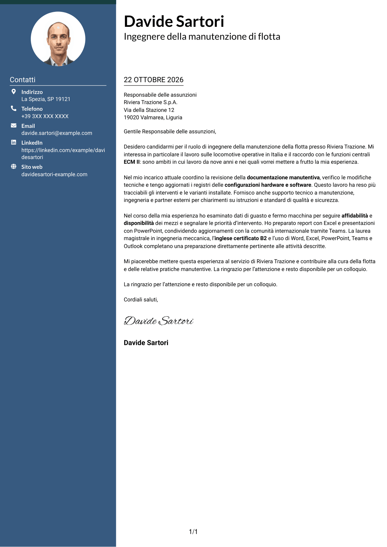 Lettera di presentazione Elegante (formato con colonna laterale colorata e foto): Ingegnere della manutenzione - Flotta ferroviaria, pagina 1