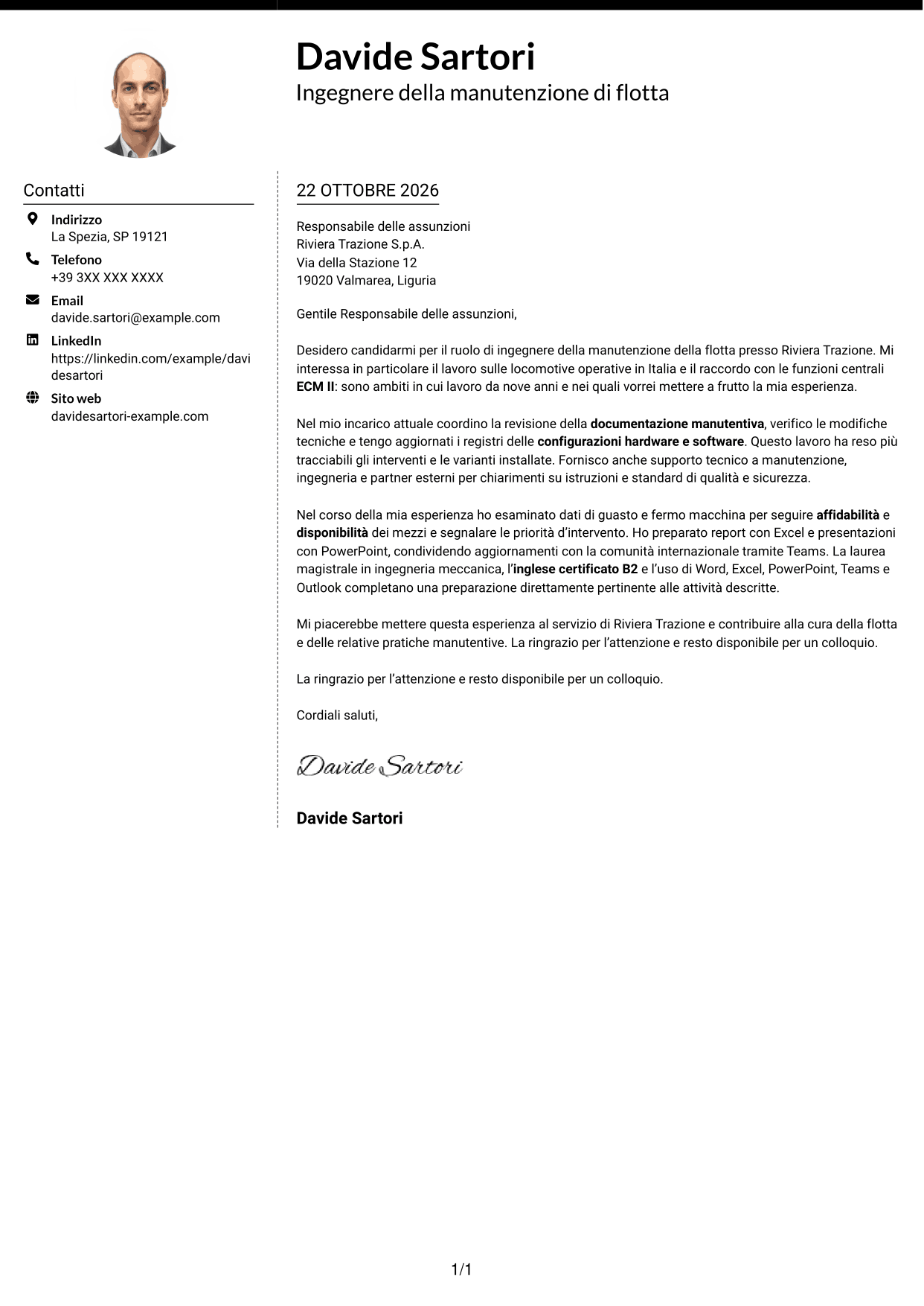 Lettera di presentazione Moderno (formato a due colonne con foto a sinistra e separatore): Ingegnere della manutenzione - Flotta ferroviaria, pagina 1