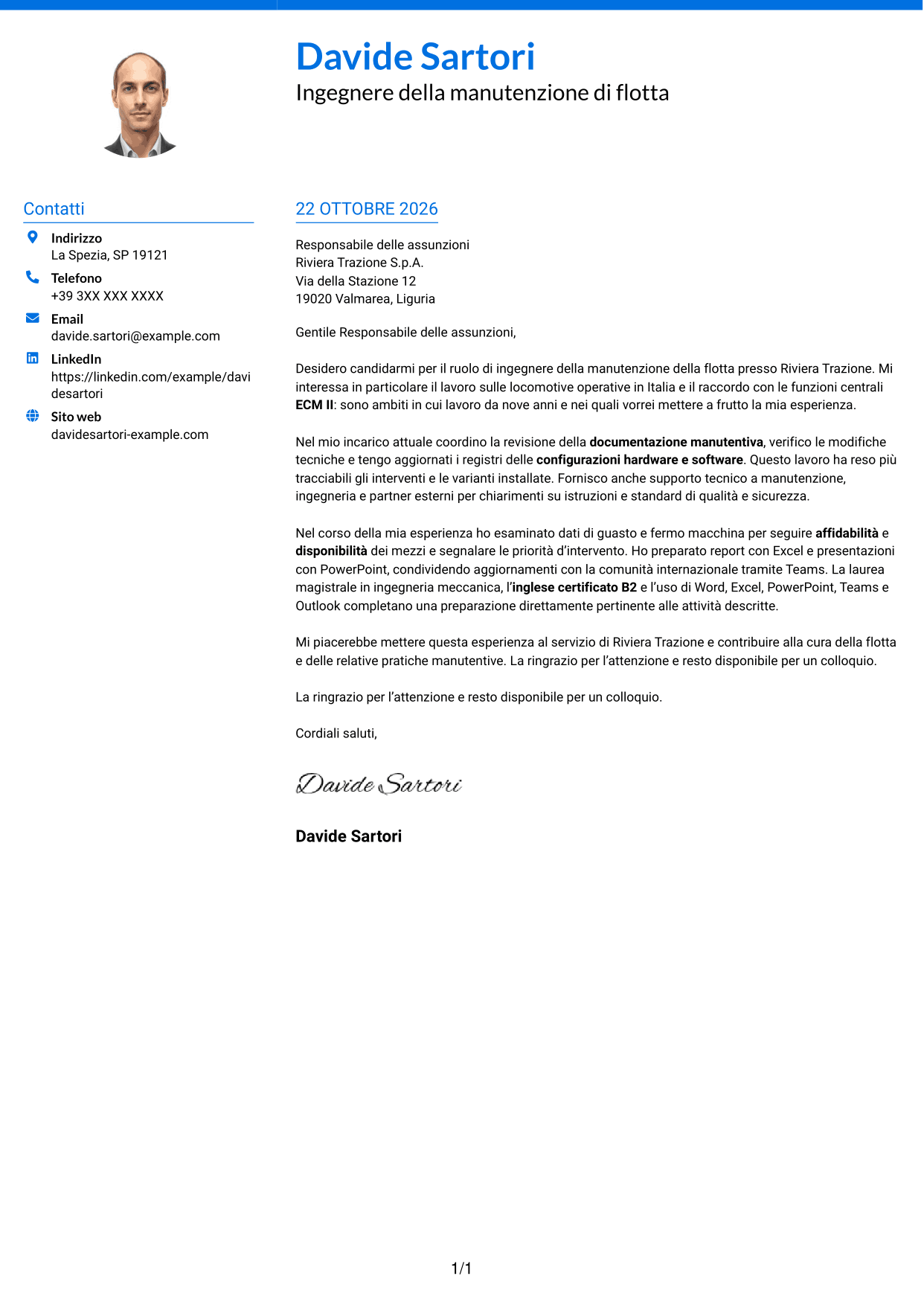 Lettera di presentazione Audace (formato a due colonne con accenti colorati e foto): Ingegnere della manutenzione - Flotta ferroviaria, pagina 1
