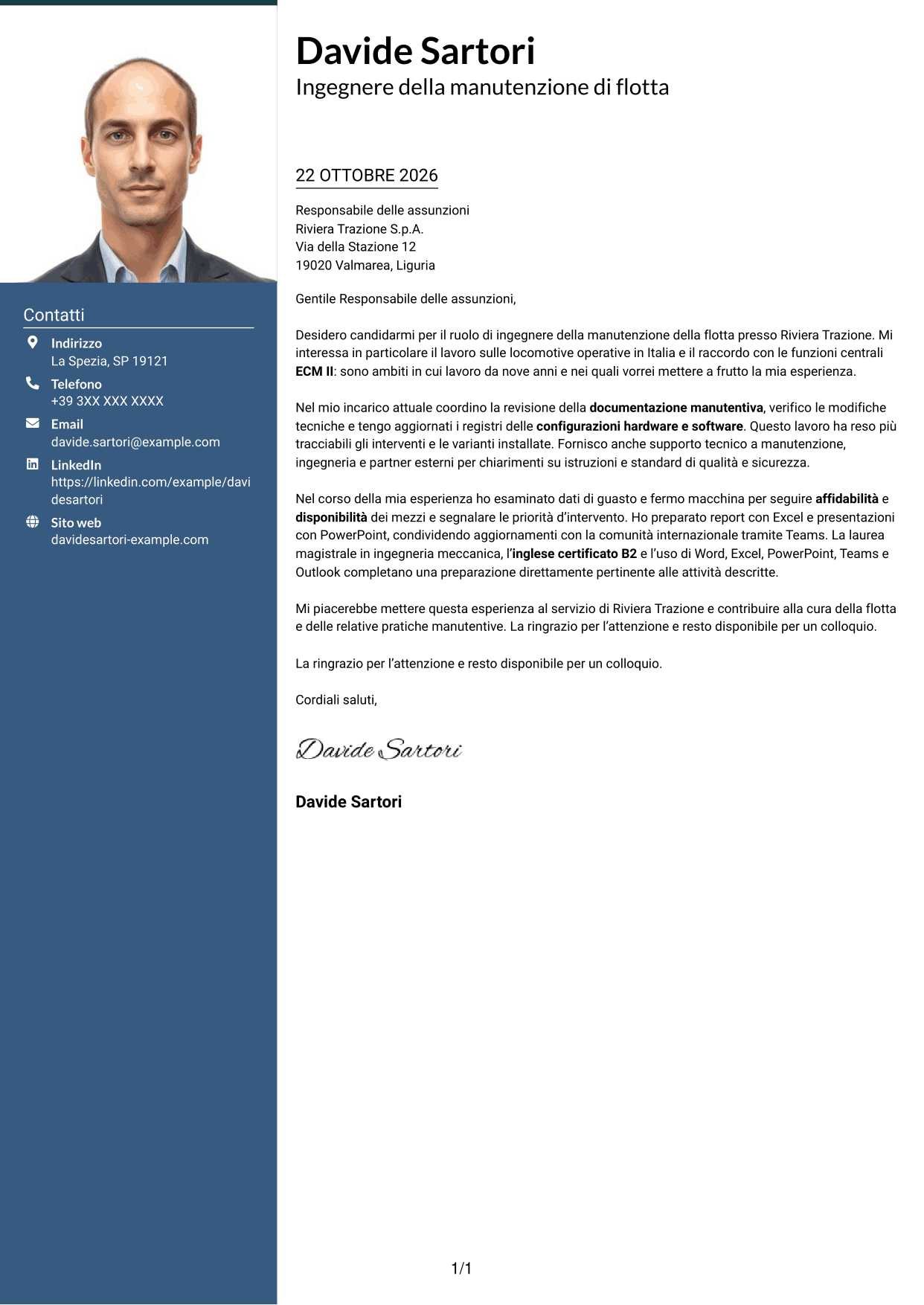 Lettera di presentazione Signature (formato con colonna laterale colorata e foto grande): Ingegnere della manutenzione - Flotta ferroviaria, pagina 1