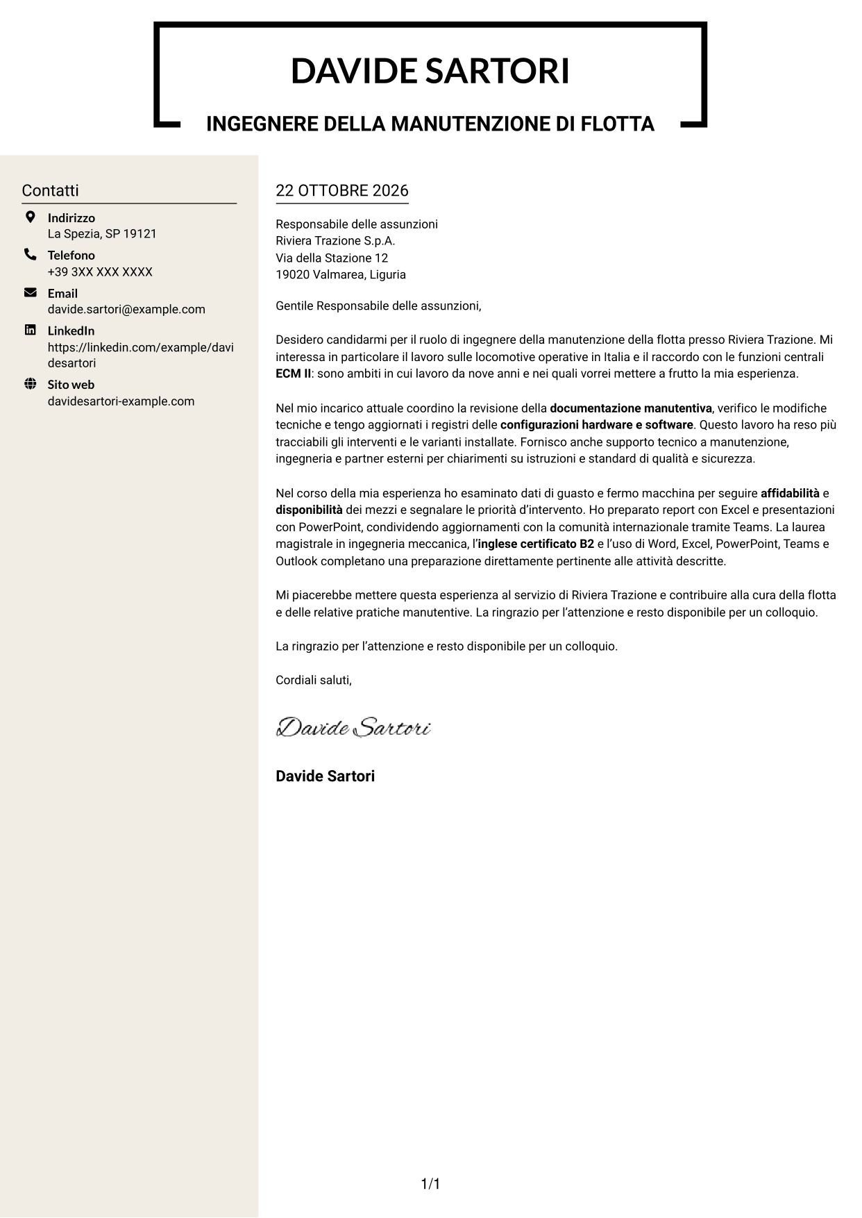 Lettera di presentazione Intraprendente (formato a due colonne con intestazione centrata senza foto): Ingegnere della manutenzione - Flotta ferroviaria, pagina 1