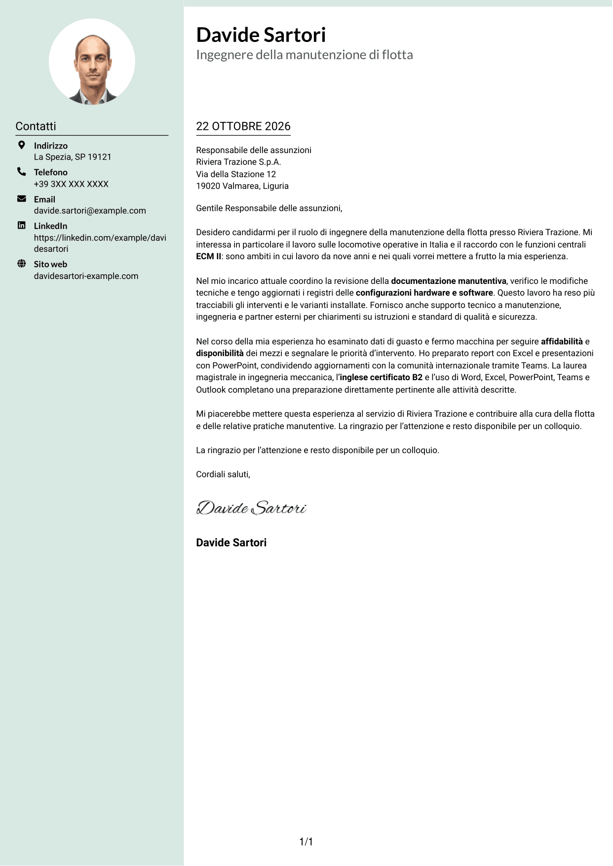 Lettera di presentazione Dirigente (formato con colonna laterale tenue e foto arrotondata): Ingegnere della manutenzione - Flotta ferroviaria, pagina 1