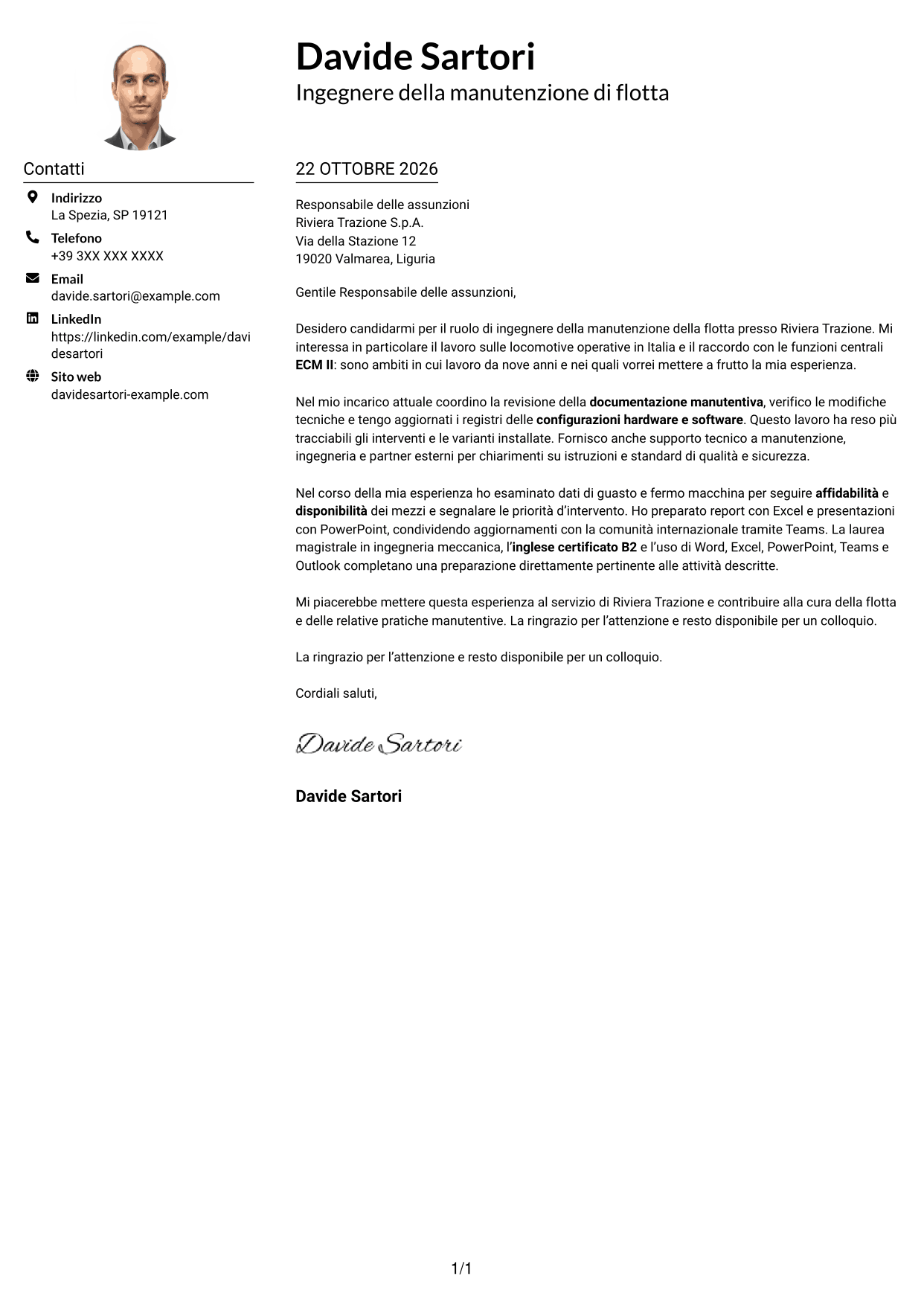 Esempio di lettera di presentazione — pagina 1