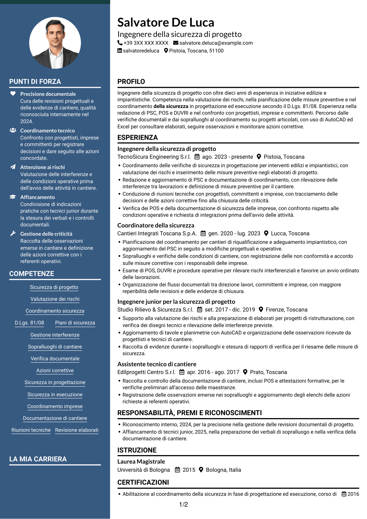 CV Elegante (formato con colonna laterale colorata e foto): Ingegnere della sicurezza di progetto, pagina 1