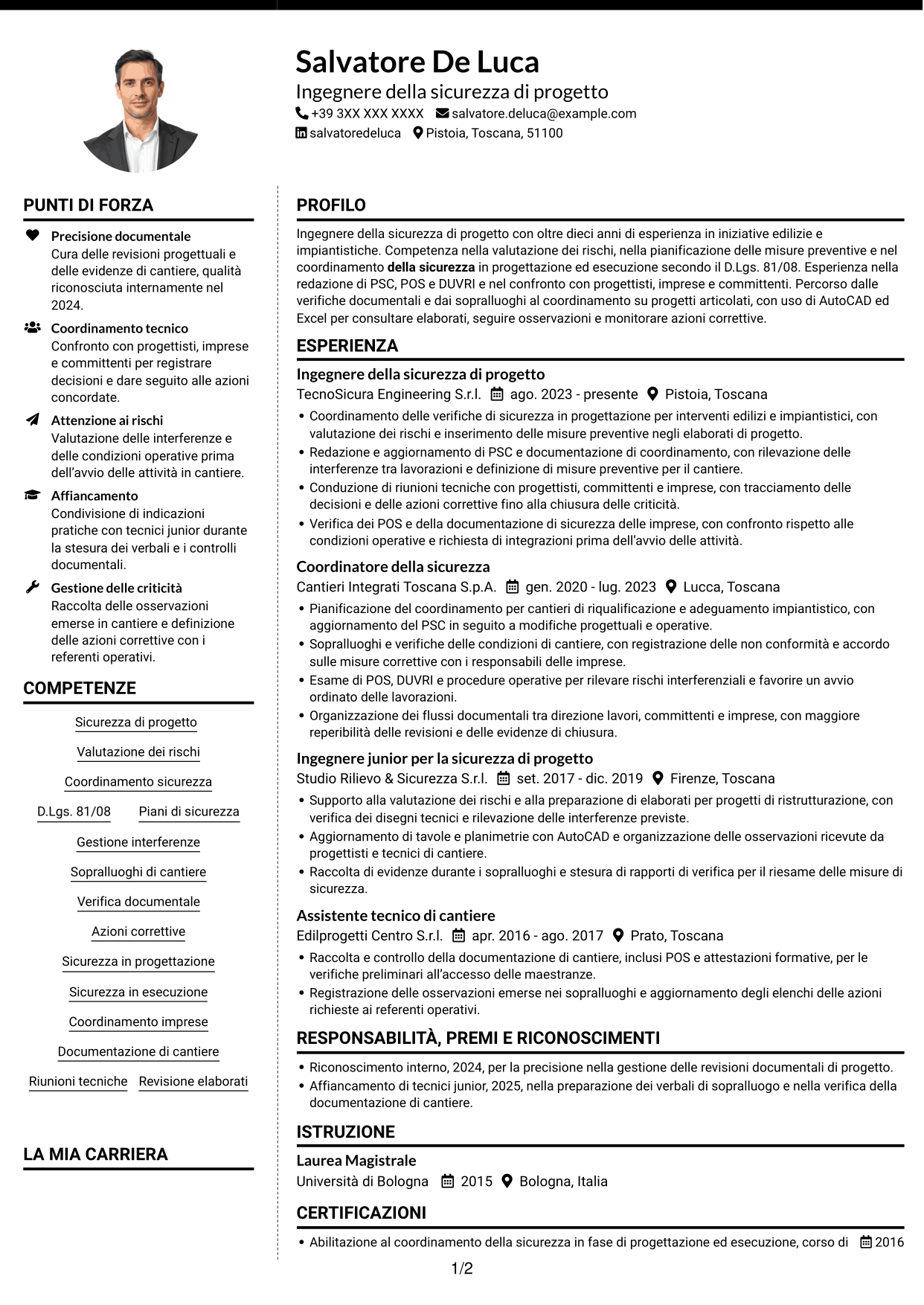 CV Moderno (formato a due colonne con foto a sinistra e separatore): Ingegnere della sicurezza di progetto, pagina 1