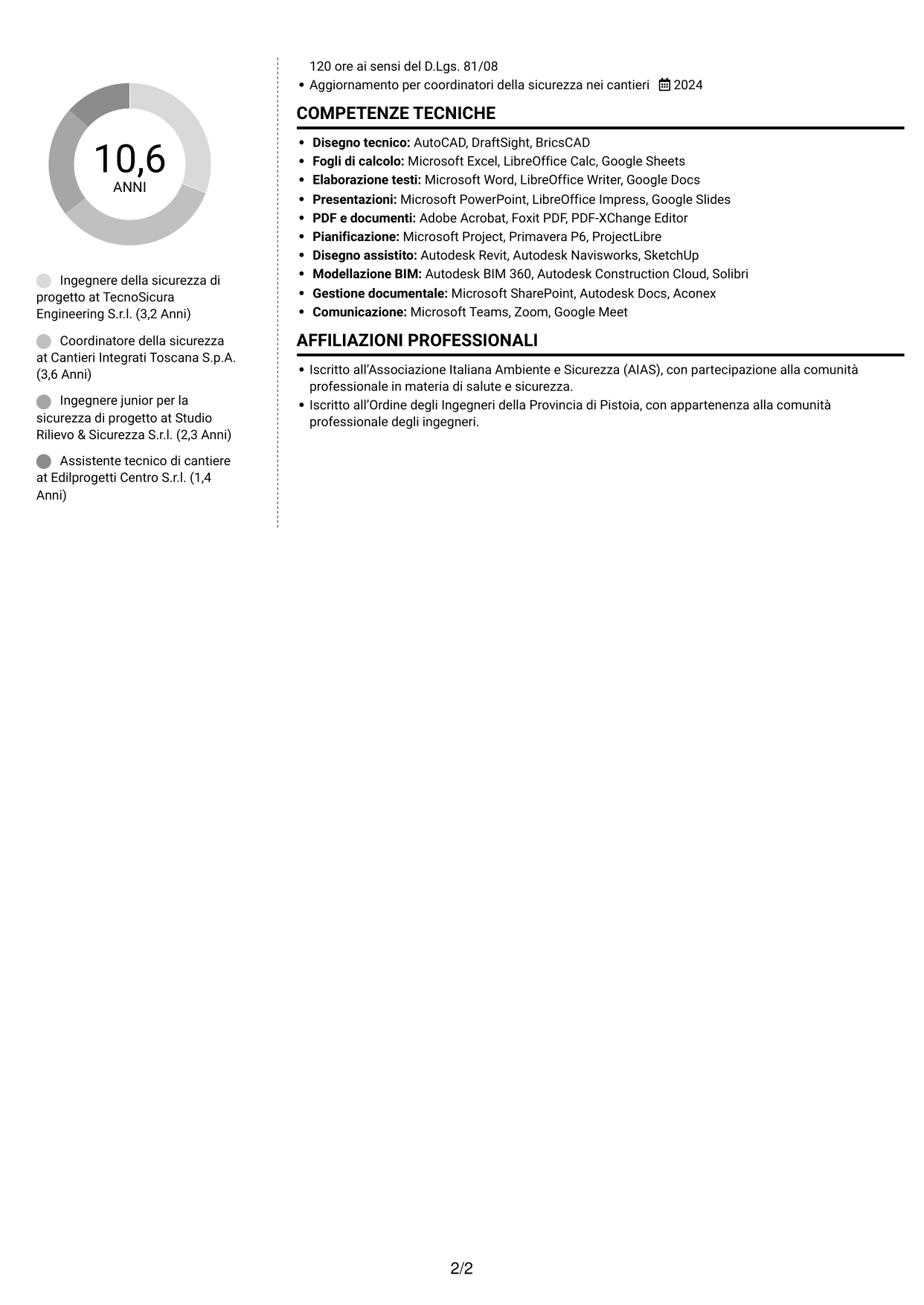 CV Moderno (formato a due colonne con foto a sinistra e separatore): Ingegnere della sicurezza di progetto, pagina 2