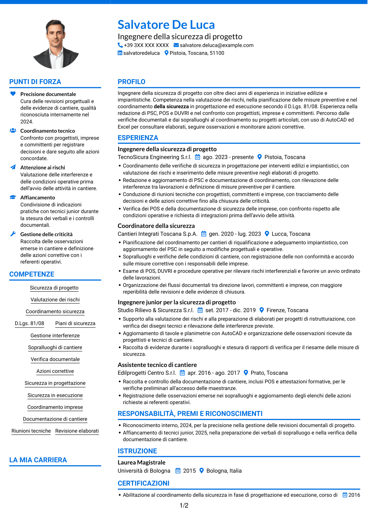 CV Audace (formato a due colonne con accenti colorati e foto): Ingegnere della sicurezza di progetto, pagina 1