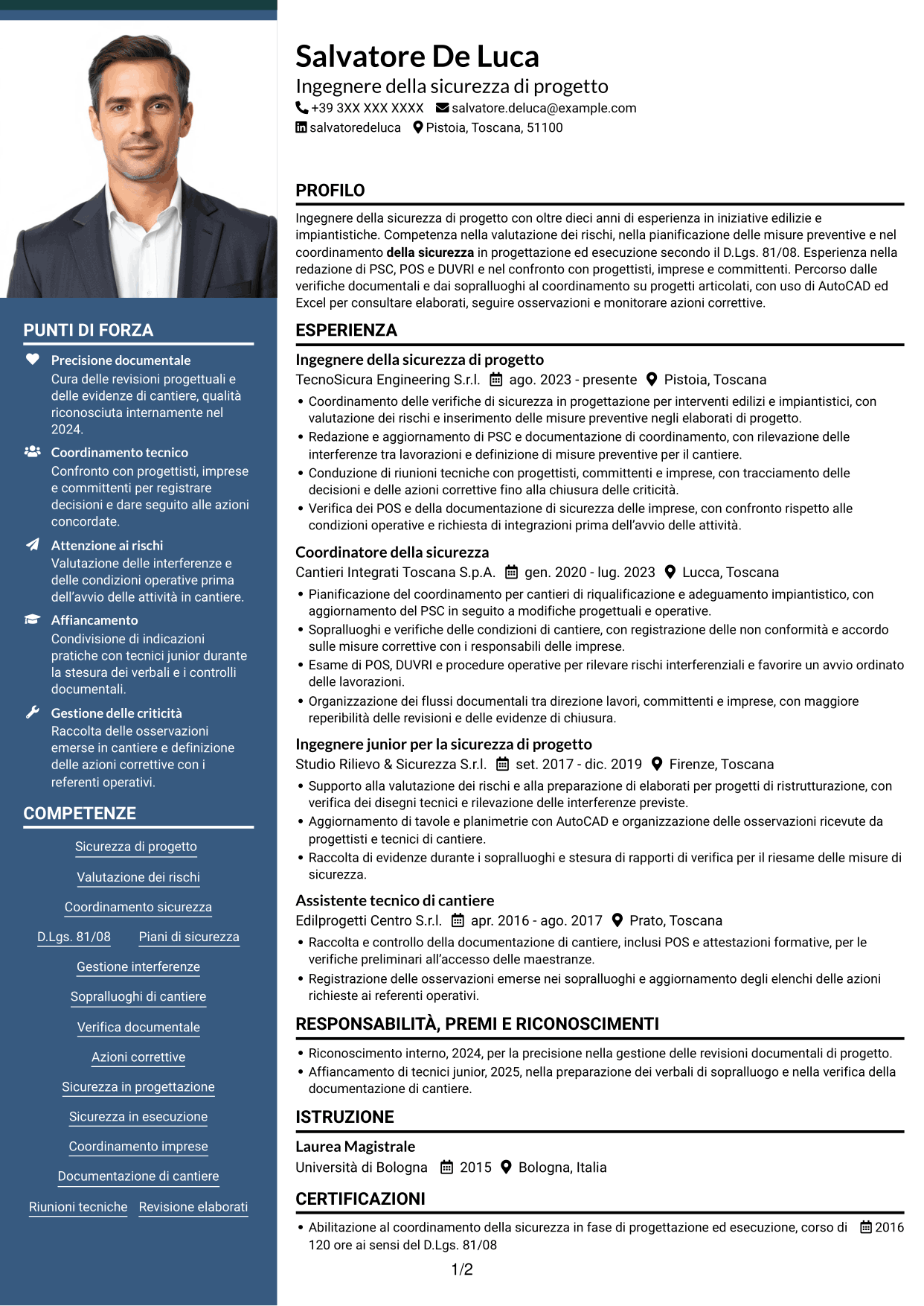 CV Signature (formato con colonna laterale colorata e foto grande): Ingegnere della sicurezza di progetto, pagina 1