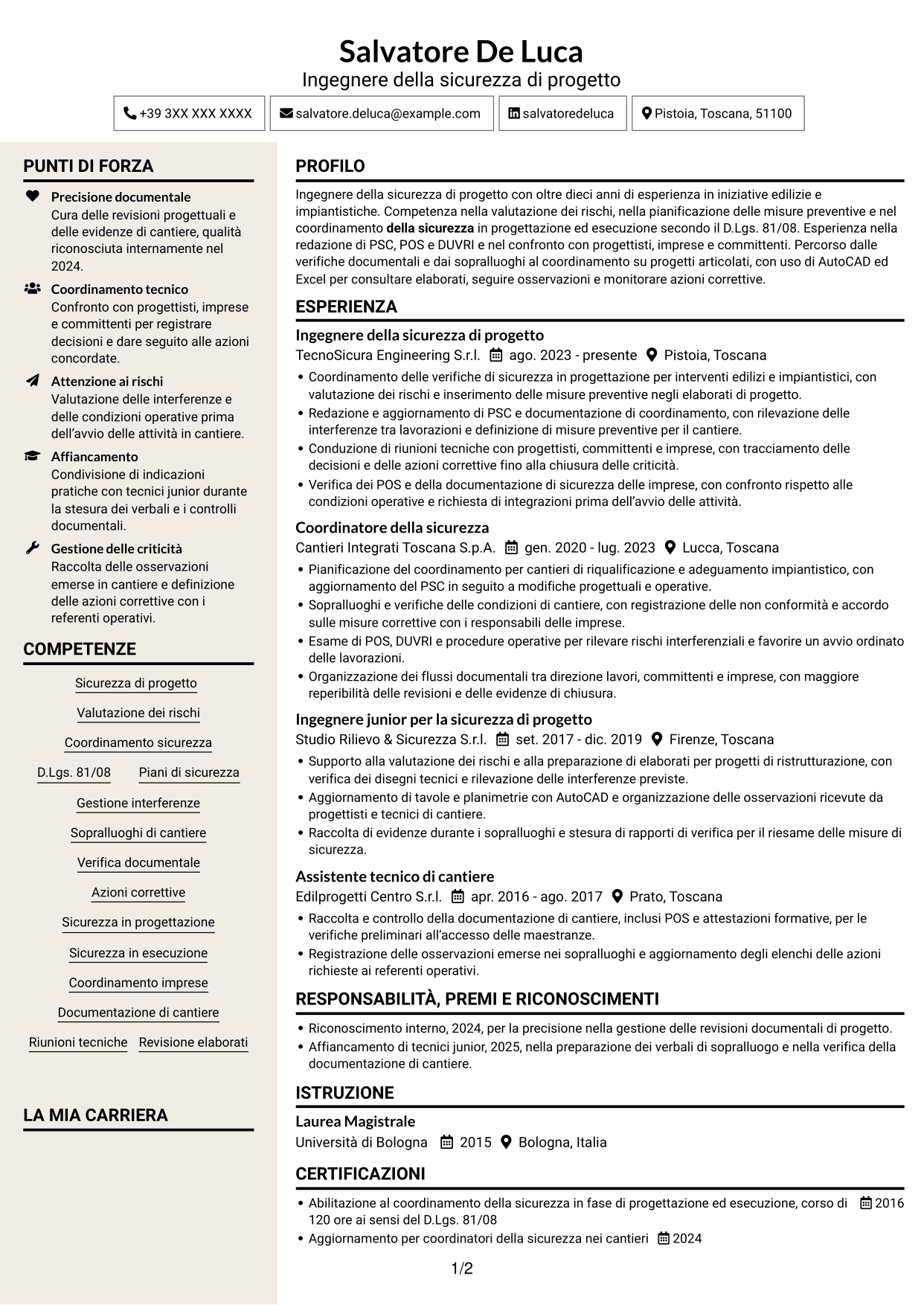 CV Intraprendente (formato a due colonne con intestazione centrata senza foto): Ingegnere della sicurezza di progetto, pagina 1