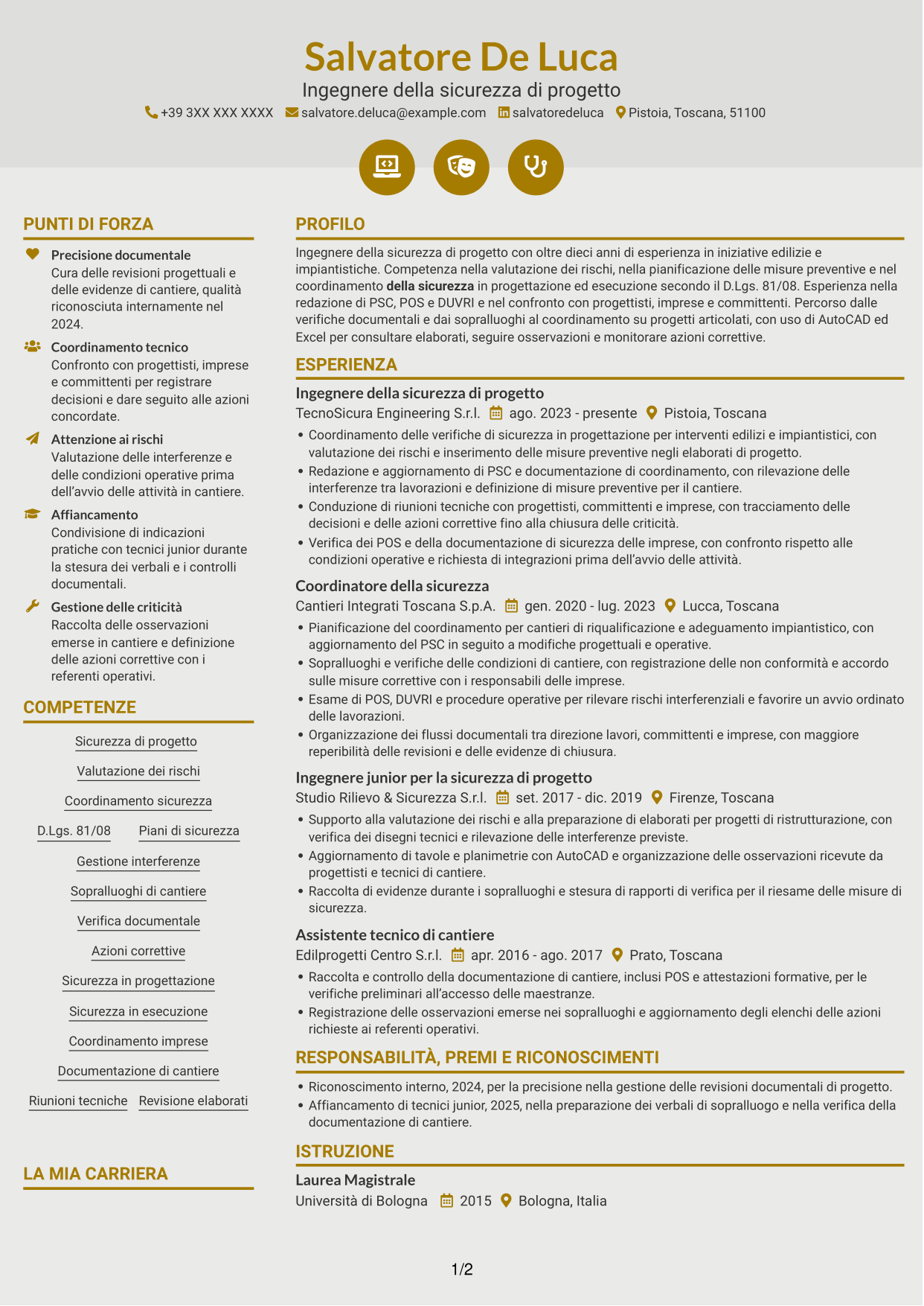 CV Dinamico (formato a due colonne con icone): Ingegnere della sicurezza di progetto, pagina 1