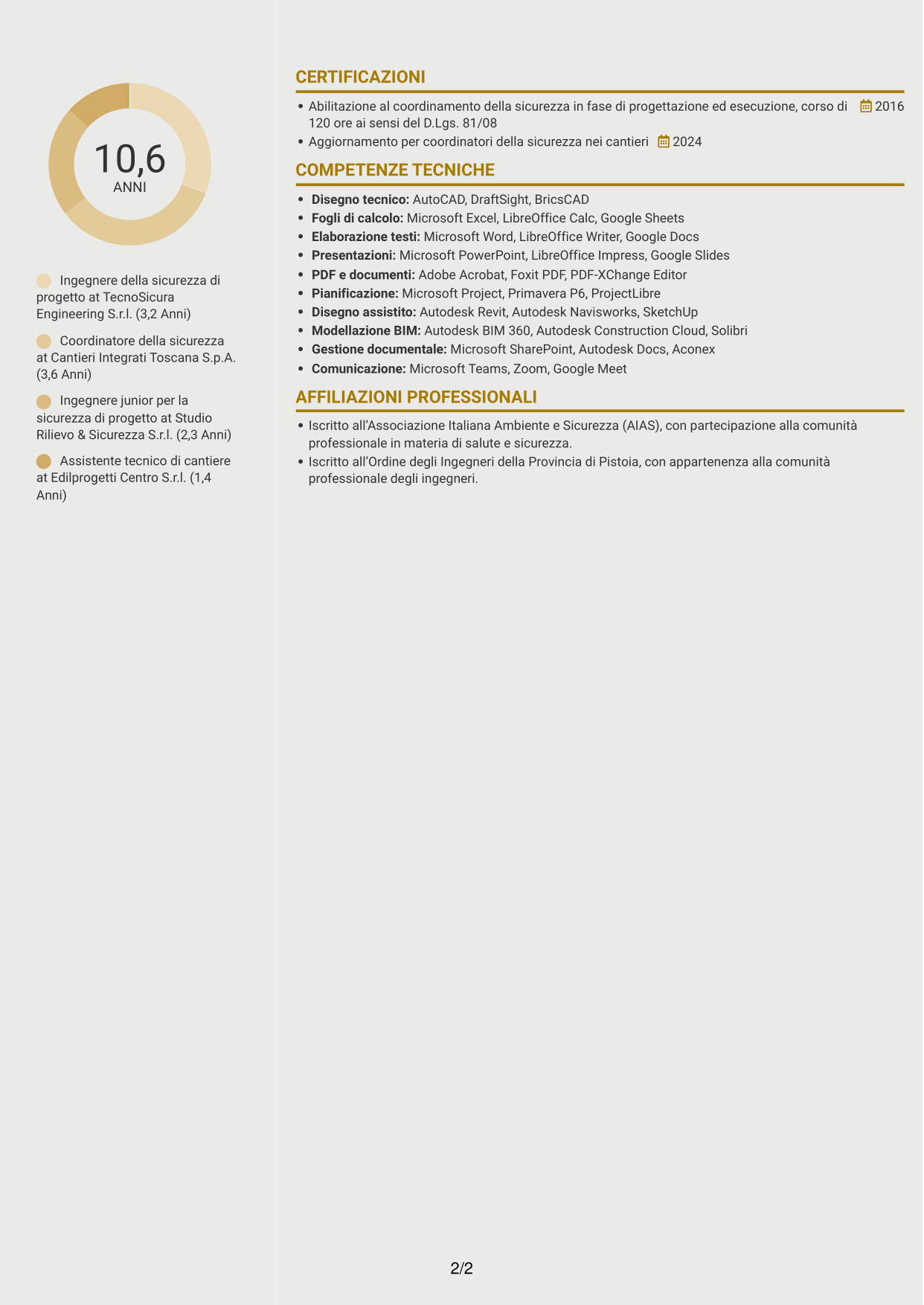 CV Dinamico (formato a due colonne con icone): Ingegnere della sicurezza di progetto, pagina 2