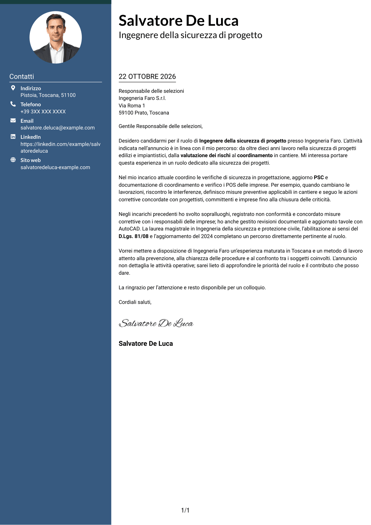 Lettera di presentazione Elegante (formato con colonna laterale colorata e foto): Ingegnere della sicurezza di progetto, pagina 1