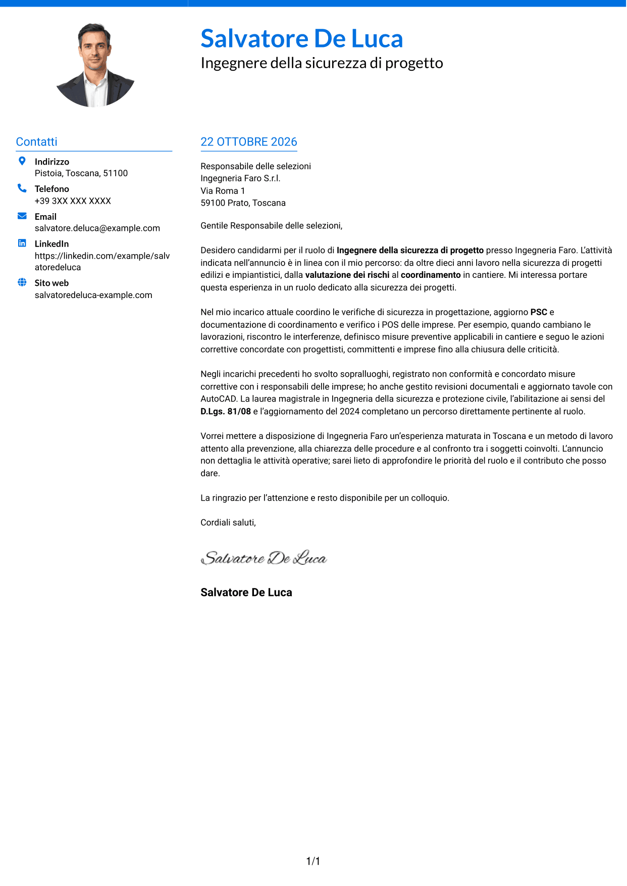 Lettera di presentazione Audace (formato a due colonne con accenti colorati e foto): Ingegnere della sicurezza di progetto, pagina 1