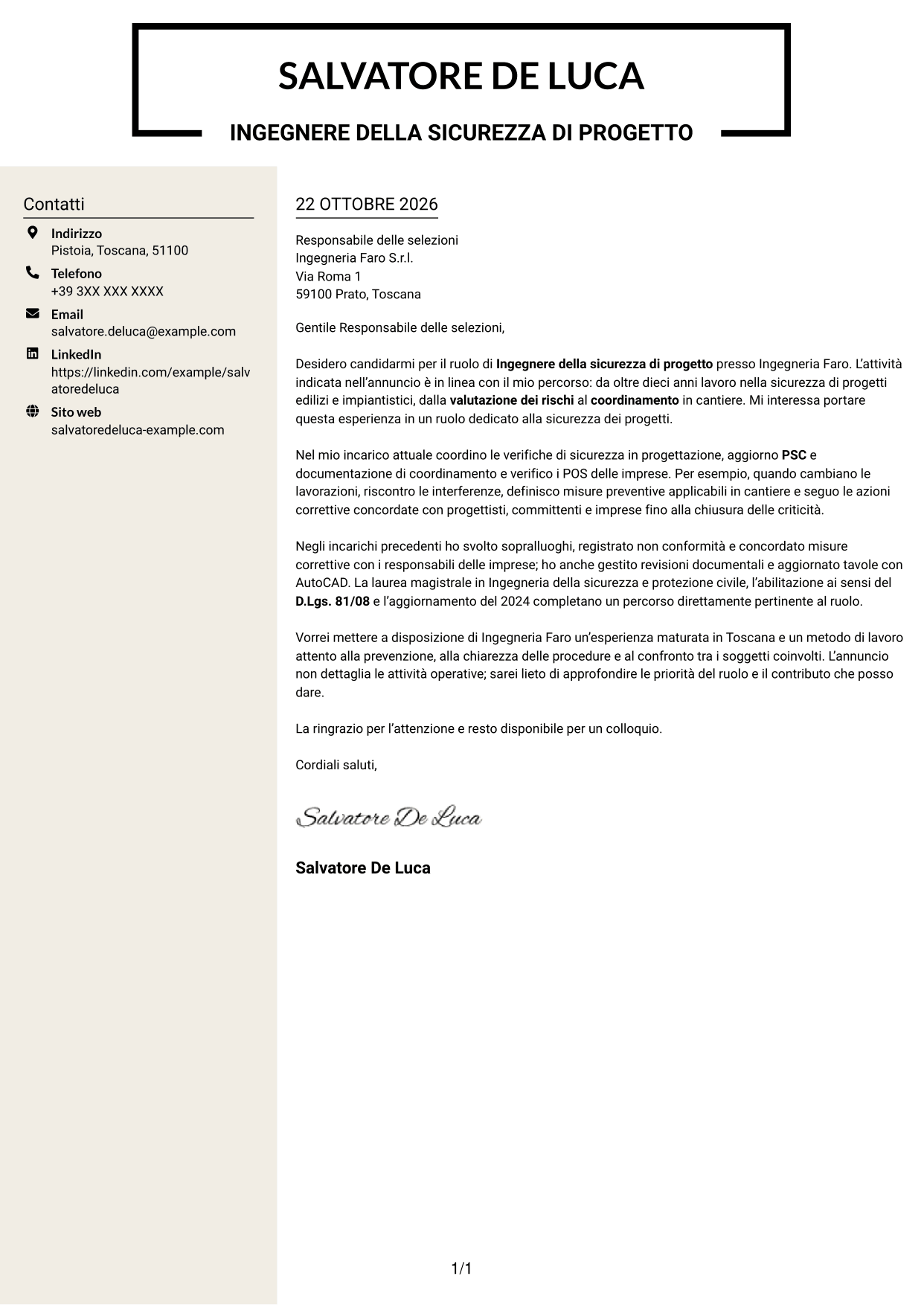 Lettera di presentazione Intraprendente (formato a due colonne con intestazione centrata senza foto): Ingegnere della sicurezza di progetto, pagina 1